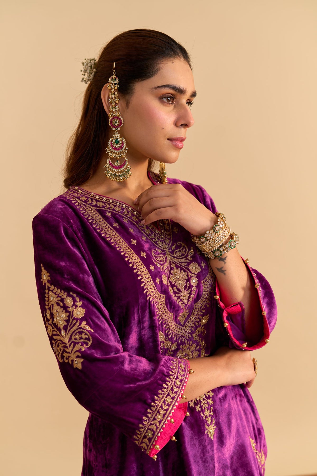 Nooren - Silk Velvet Deep Purple Kurta with Flared Palazzo and Dupatta