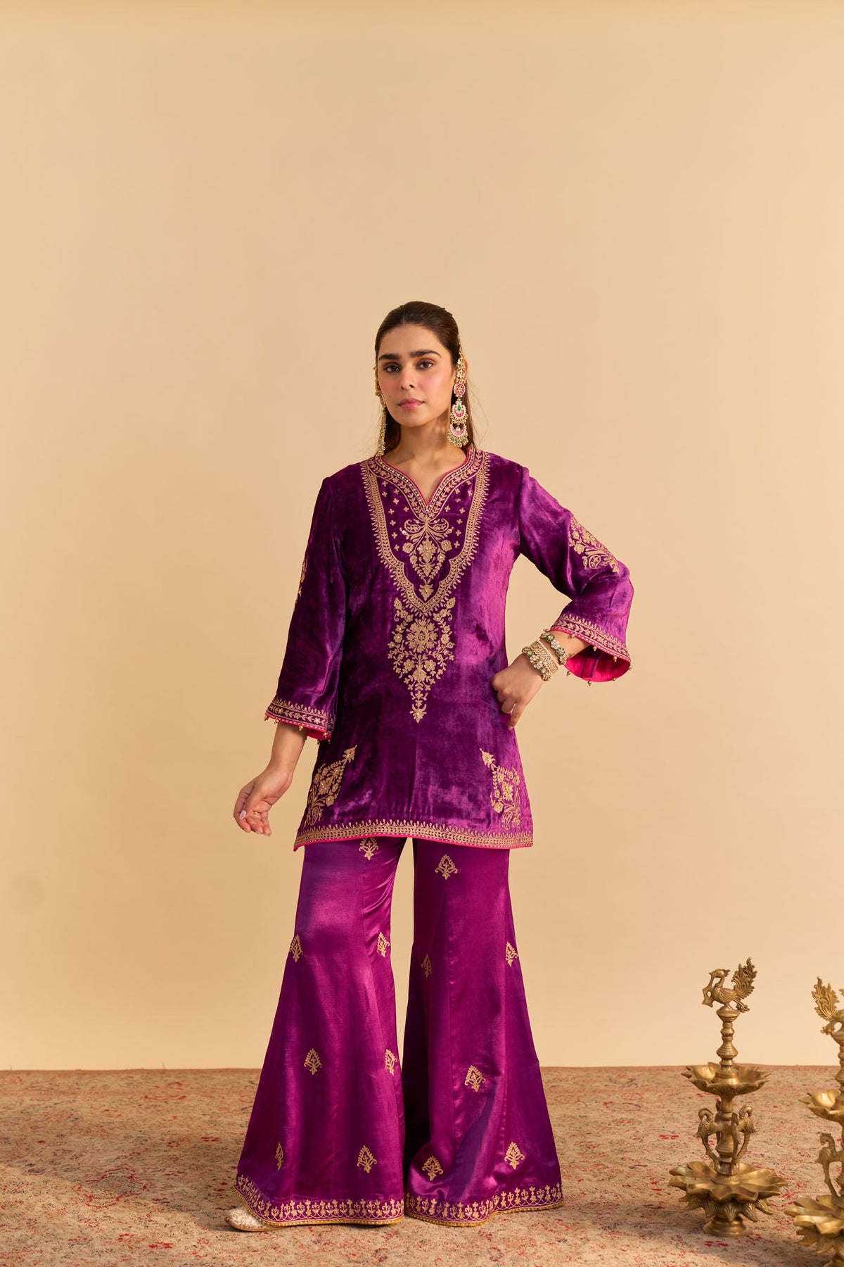 Nooren - Silk Velvet Deep Purple Kurta with Flared Palazzo and Dupatta