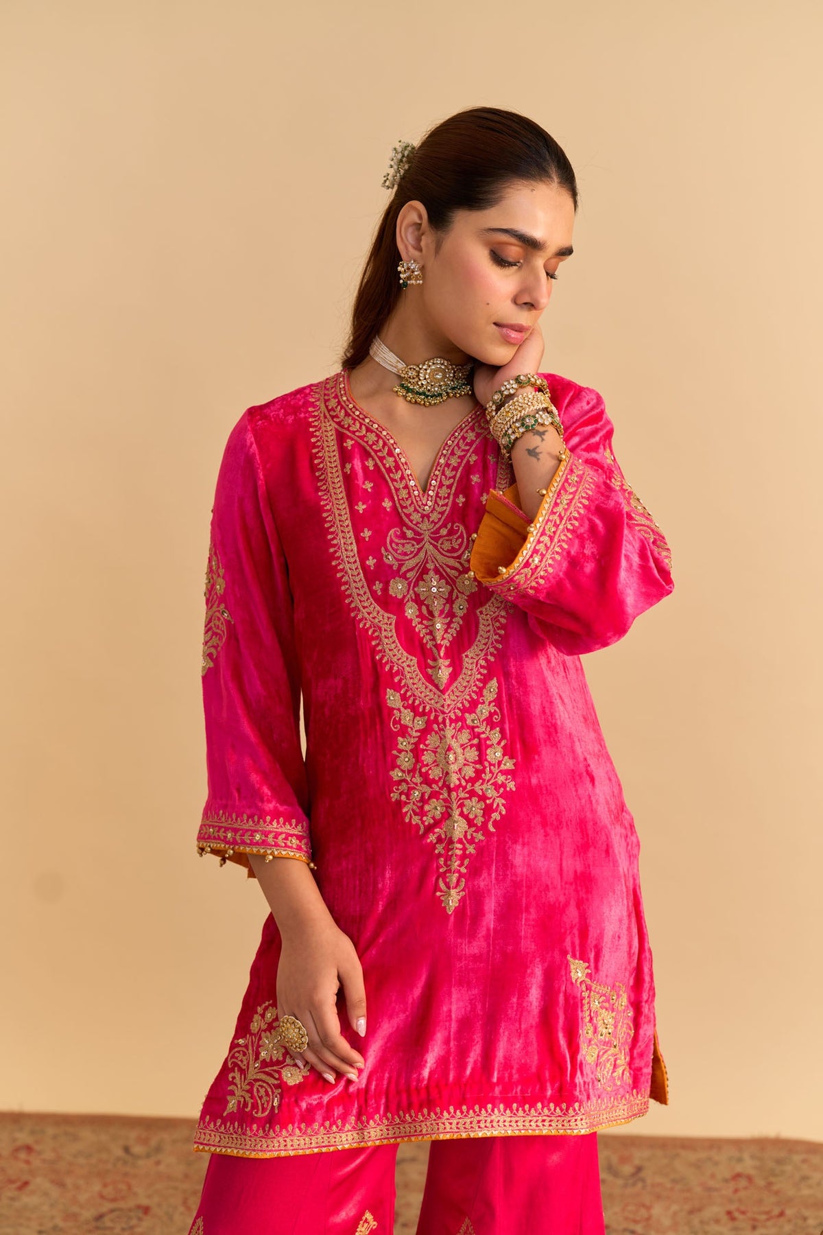 Nooren - Silk Velvet Rani Hotpink Kurta with Flared Palazzo and Dupatta