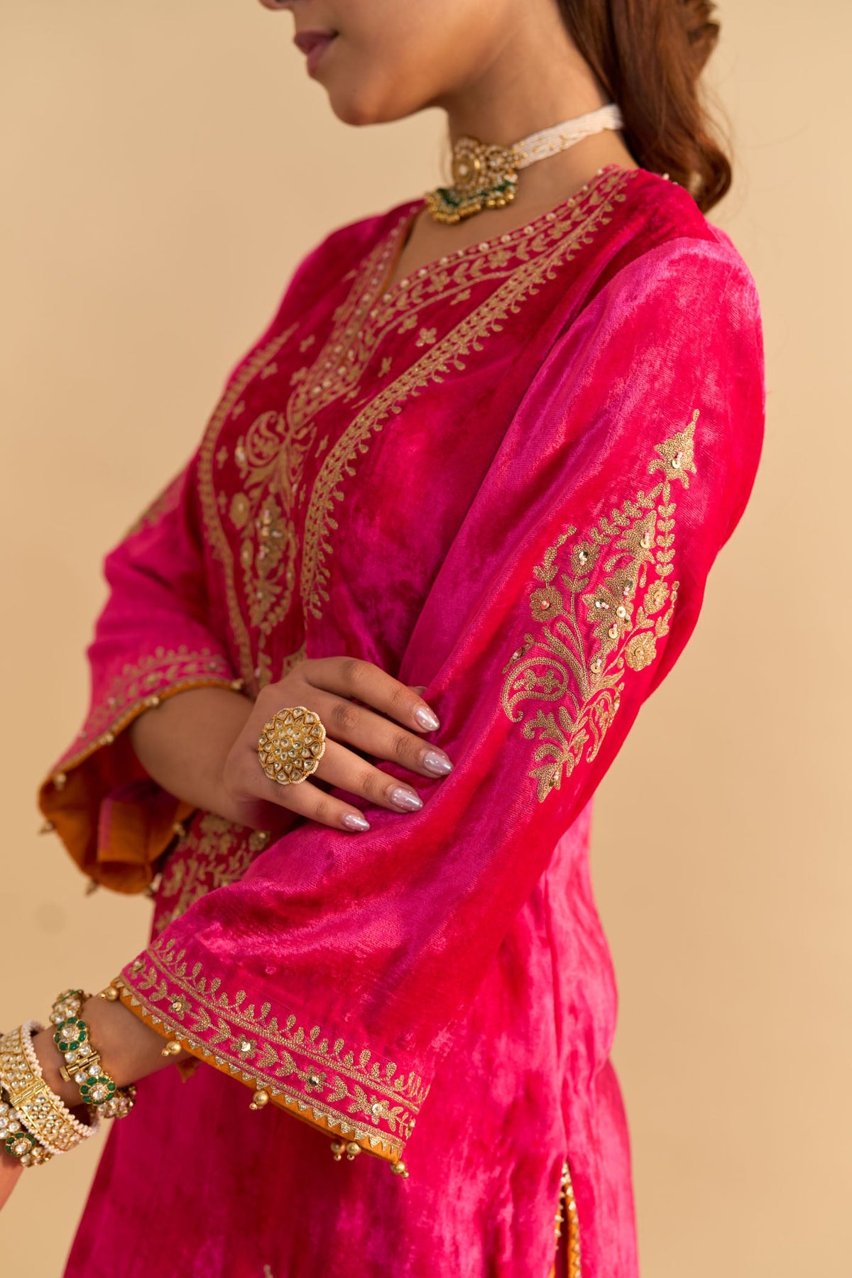 Nooren - Silk Velvet Rani Hotpink Kurta with Flared Palazzo and Dupatta