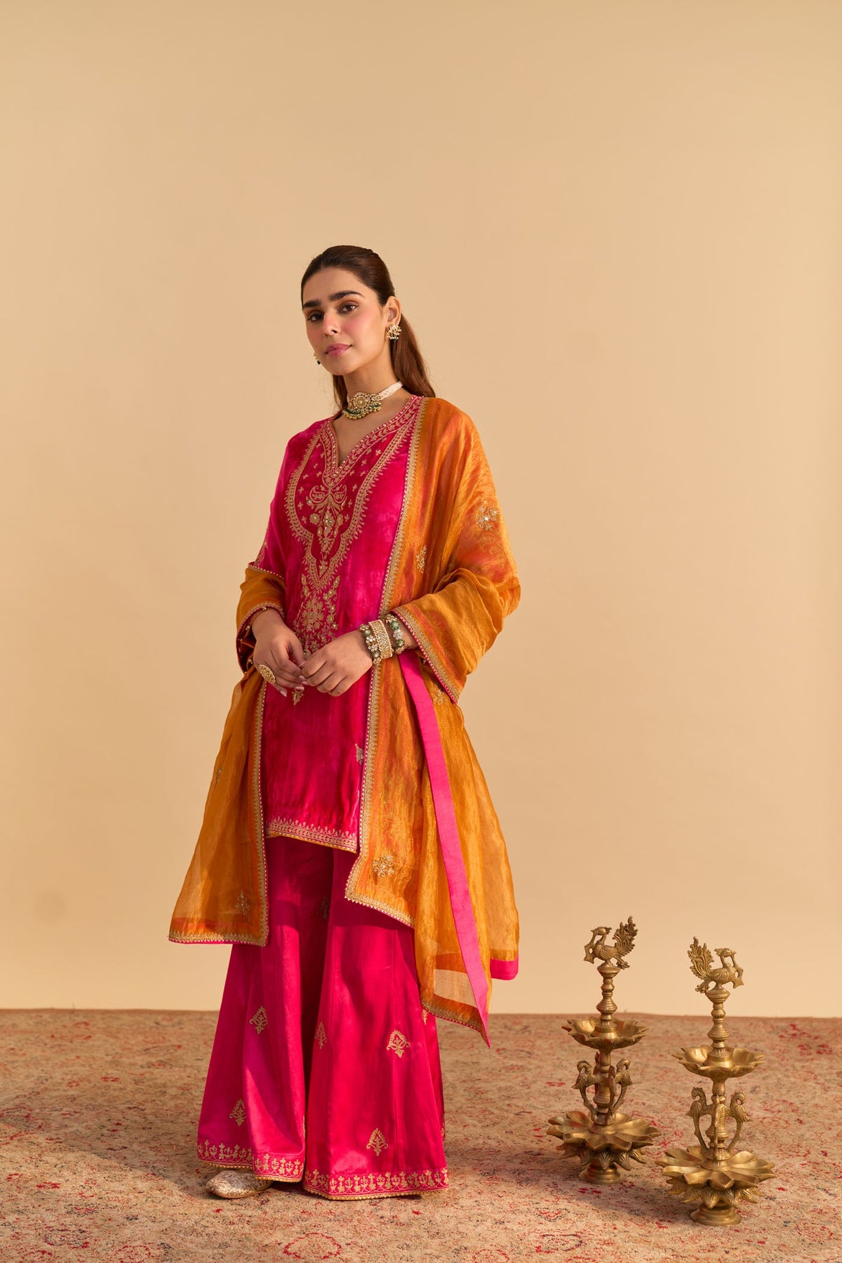 Nooren - Silk Velvet Rani Hotpink Kurta with Flared Palazzo and Dupatta