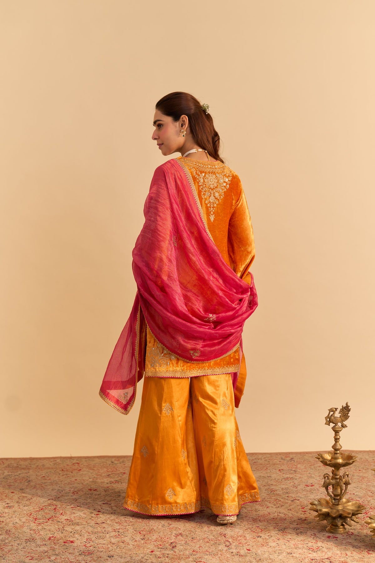 Nooren - Silk Velvet Burnt Orange Kurta with Flared Palazzo and Dupatta