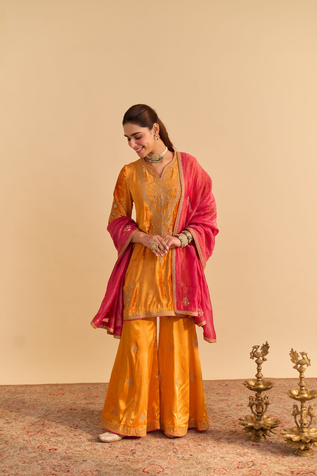 Nooren - Silk Velvet Burnt Orange Kurta with Flared Palazzo and Dupatta
