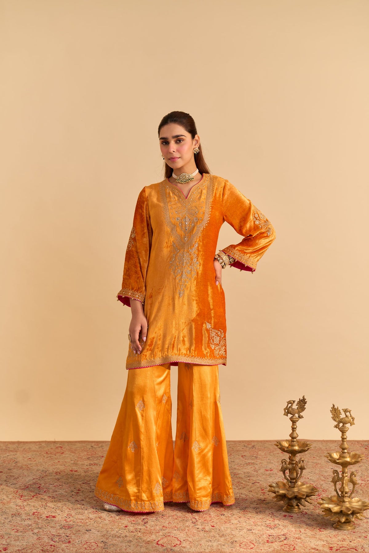 Nooren - Silk Velvet Burnt Orange Kurta with Flared Palazzo and Dupatta
