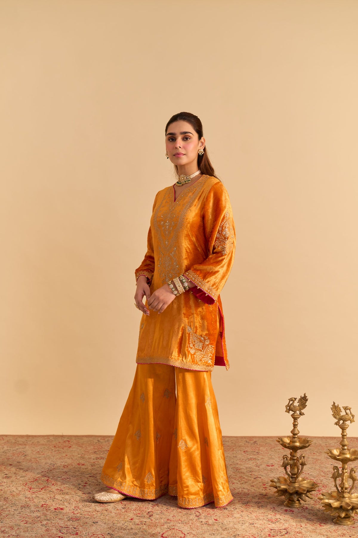Nooren - Silk Velvet Burnt Orange Kurta with Flared Palazzo and Dupatta