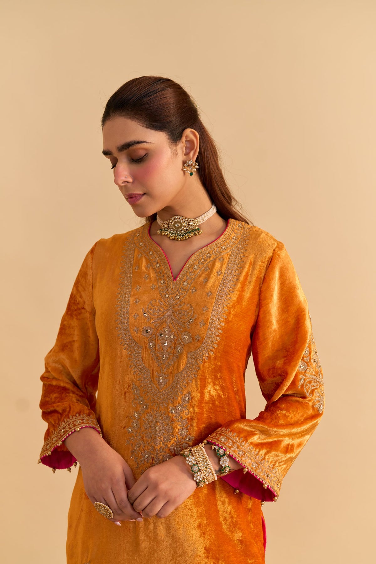 Nooren - Silk Velvet Burnt Orange Kurta with Flared Palazzo and Dupatta