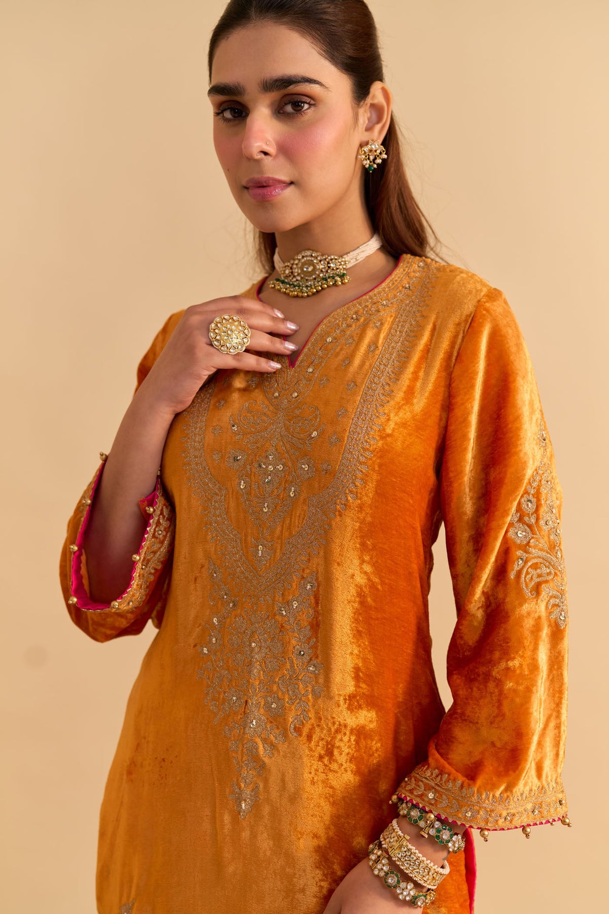 Nooren - Silk Velvet Burnt Orange Kurta with Flared Palazzo and Dupatta