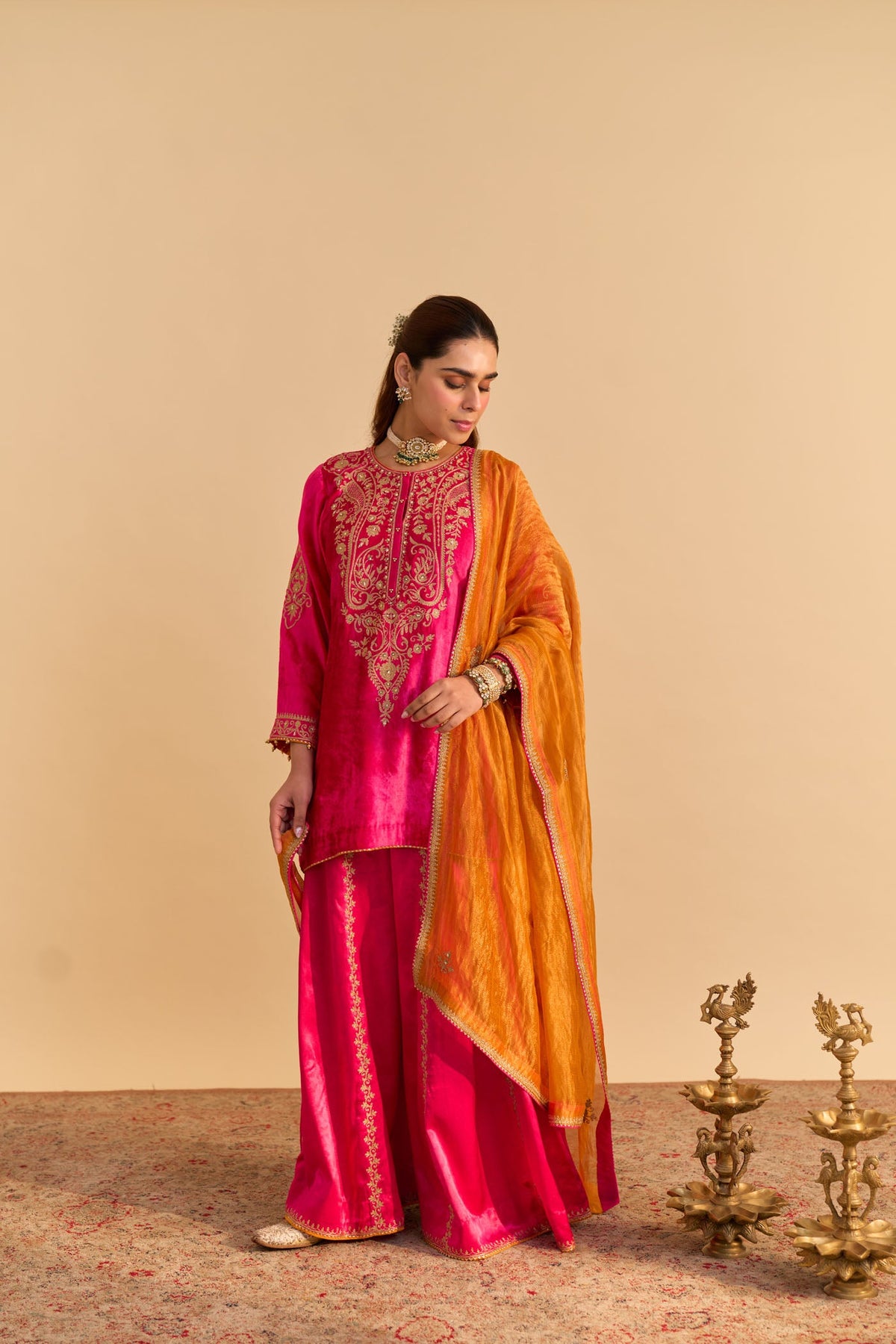 Mehel Kejriwal In Aroob - Silk Velvet Rani Hotpink Kurta with Sharara and Dupatta