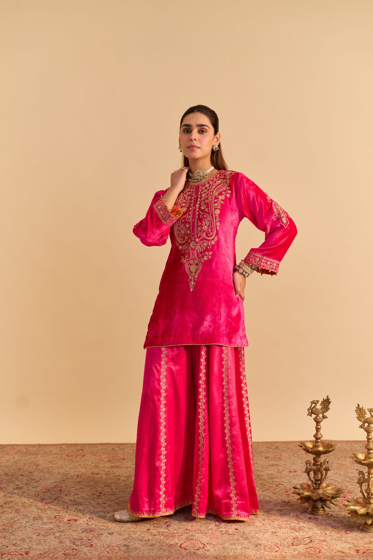 Mehel Kejriwal In Aroob - Silk Velvet Rani Hotpink Kurta with Sharara and Dupatta