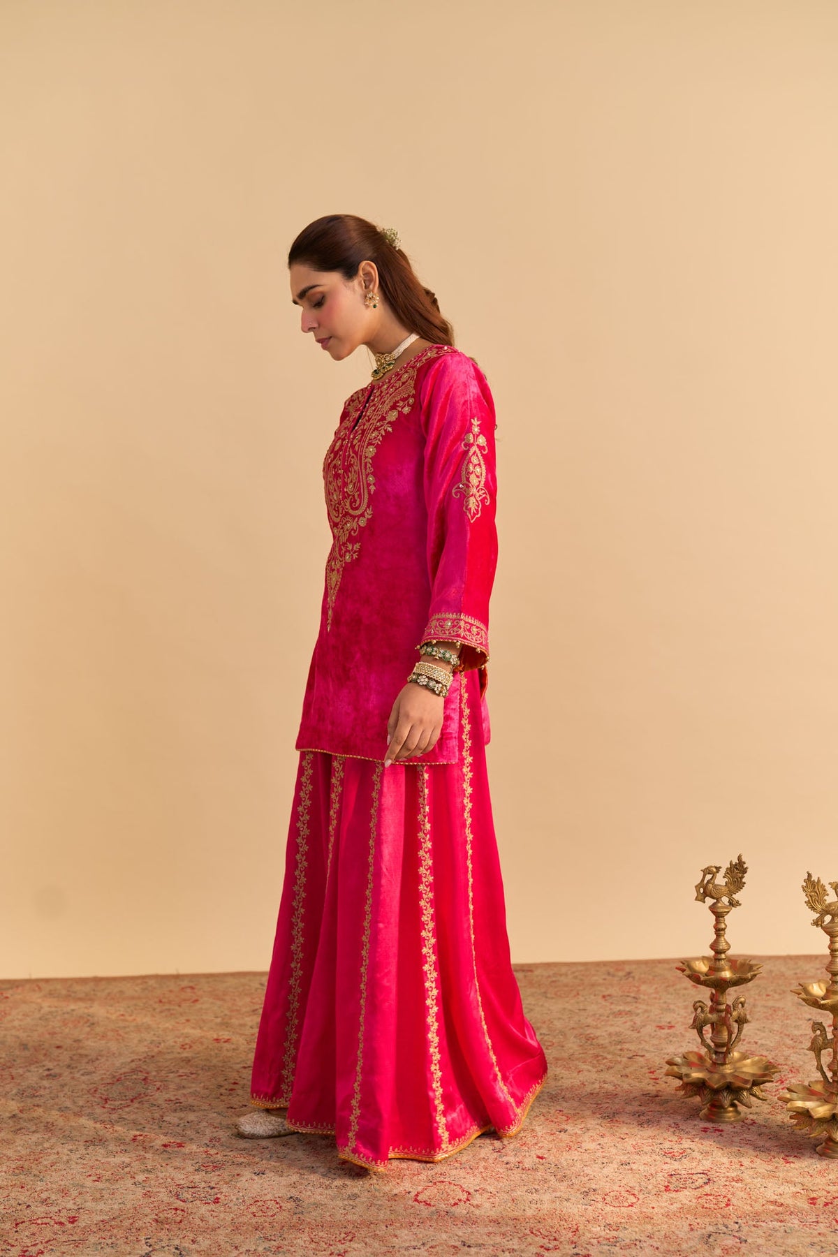Mehel Kejriwal In Aroob - Silk Velvet Rani Hotpink Kurta with Sharara and Dupatta
