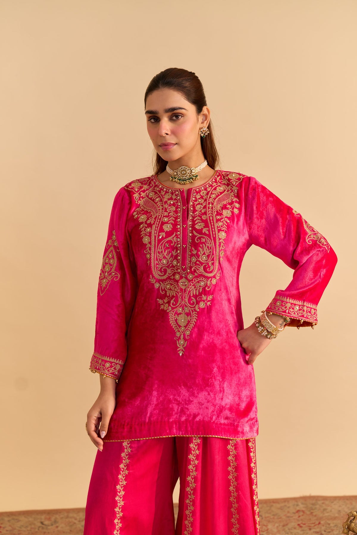 Mehel Kejriwal In Aroob - Silk Velvet Rani Hotpink Kurta with Sharara and Dupatta
