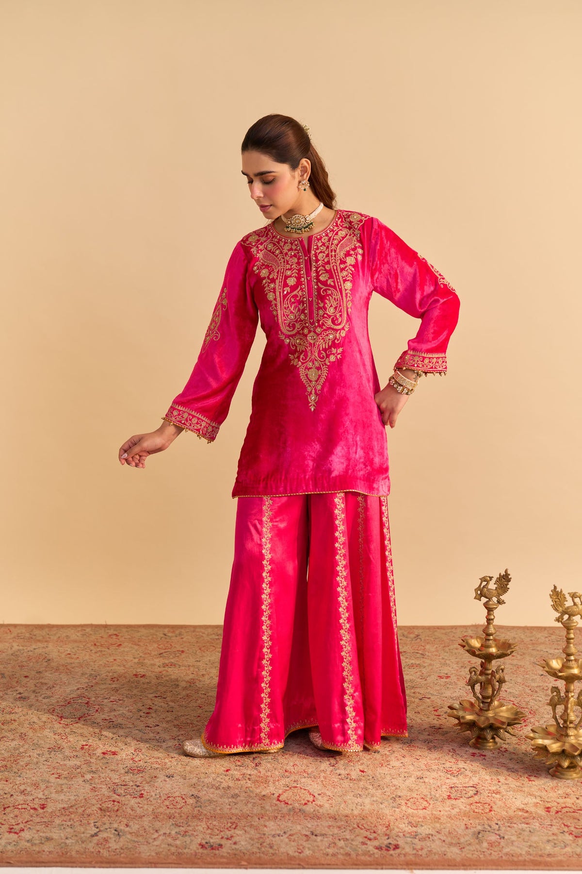 Mehel Kejriwal In Aroob - Silk Velvet Rani Hotpink Kurta with Sharara and Dupatta