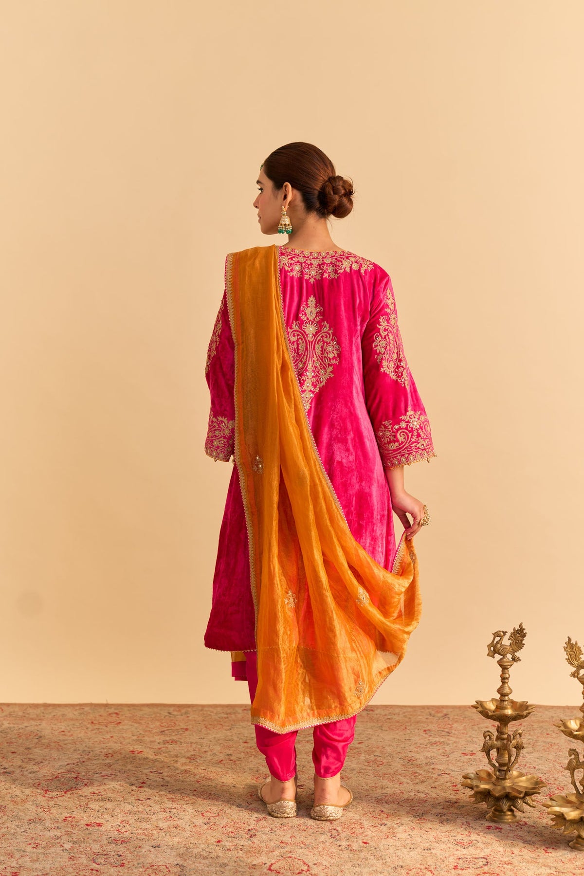 Eira - Silk Velvet Rani Hotpink A-line Kurta with Dhoti