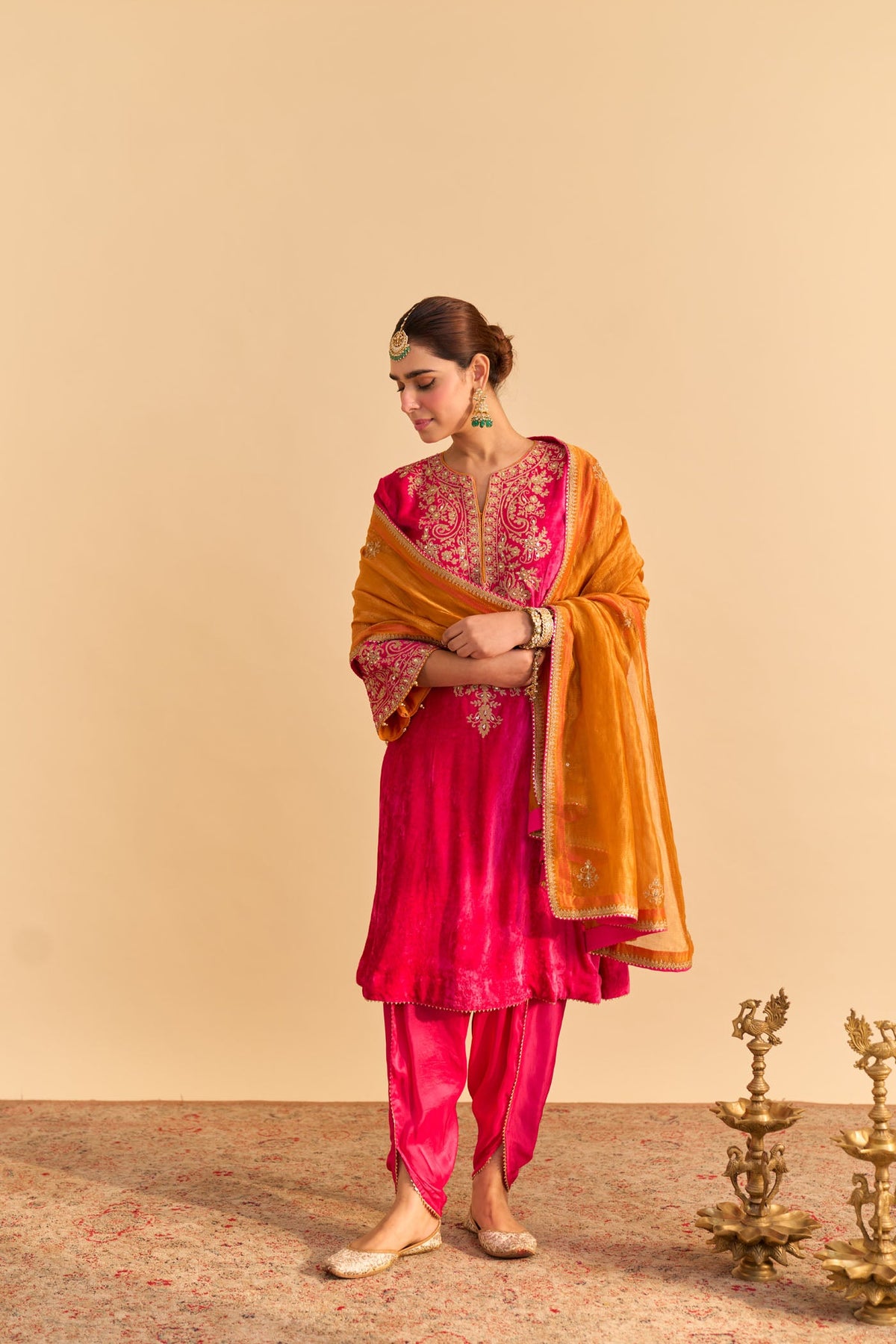 Eira - Silk Velvet Rani Hotpink A-line Kurta with Dhoti