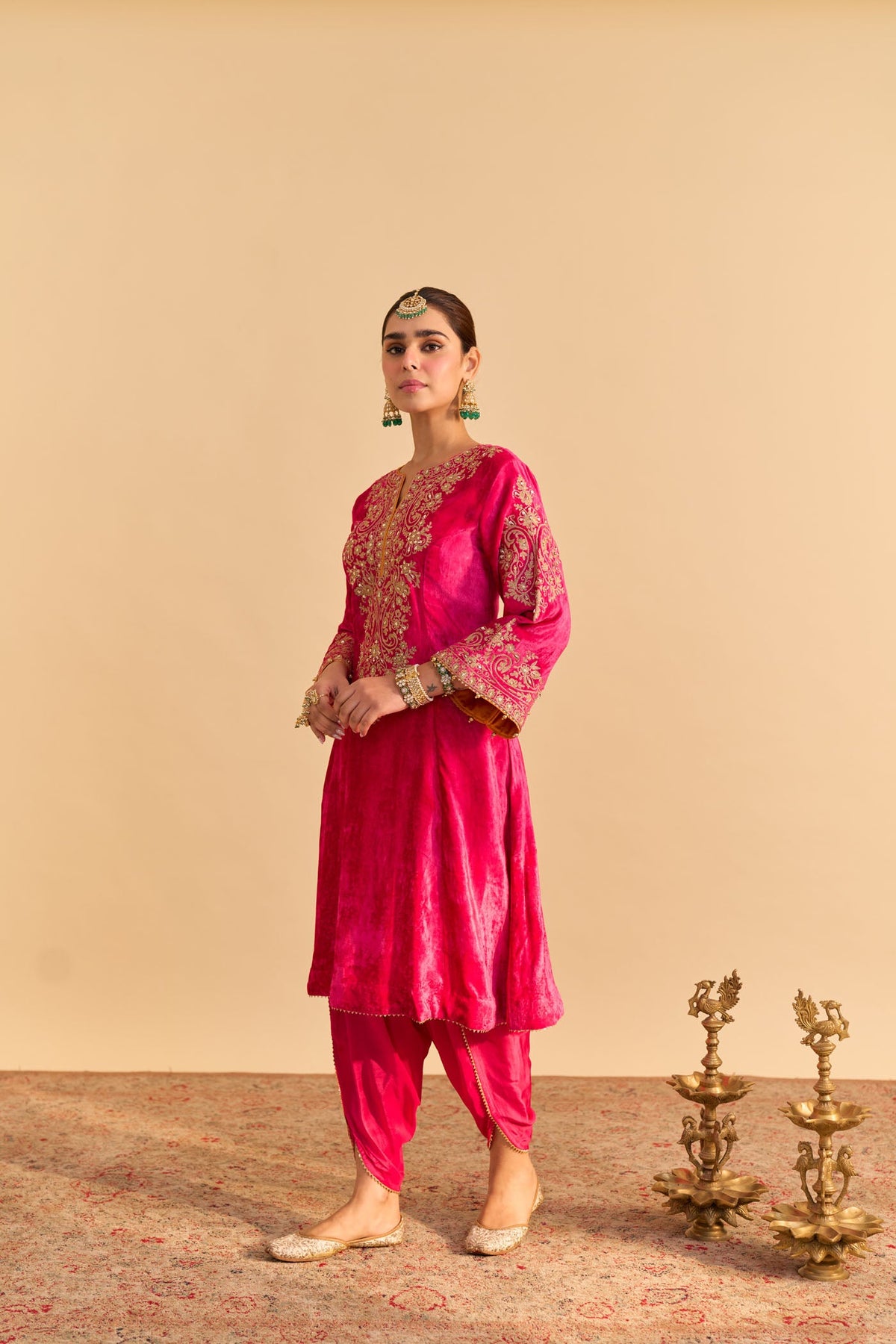 Eira - Silk Velvet Rani Hotpink A-line Kurta with Dhoti