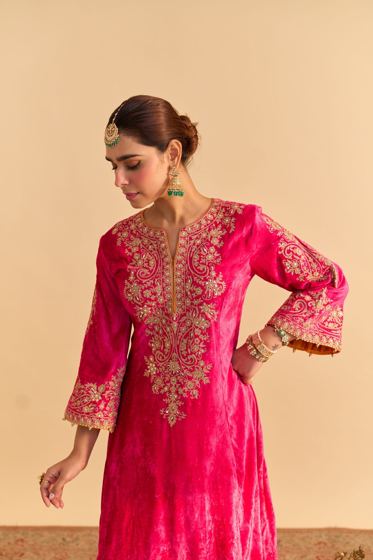 Eira - Silk Velvet Rani Hotpink A-line Kurta with Dhoti