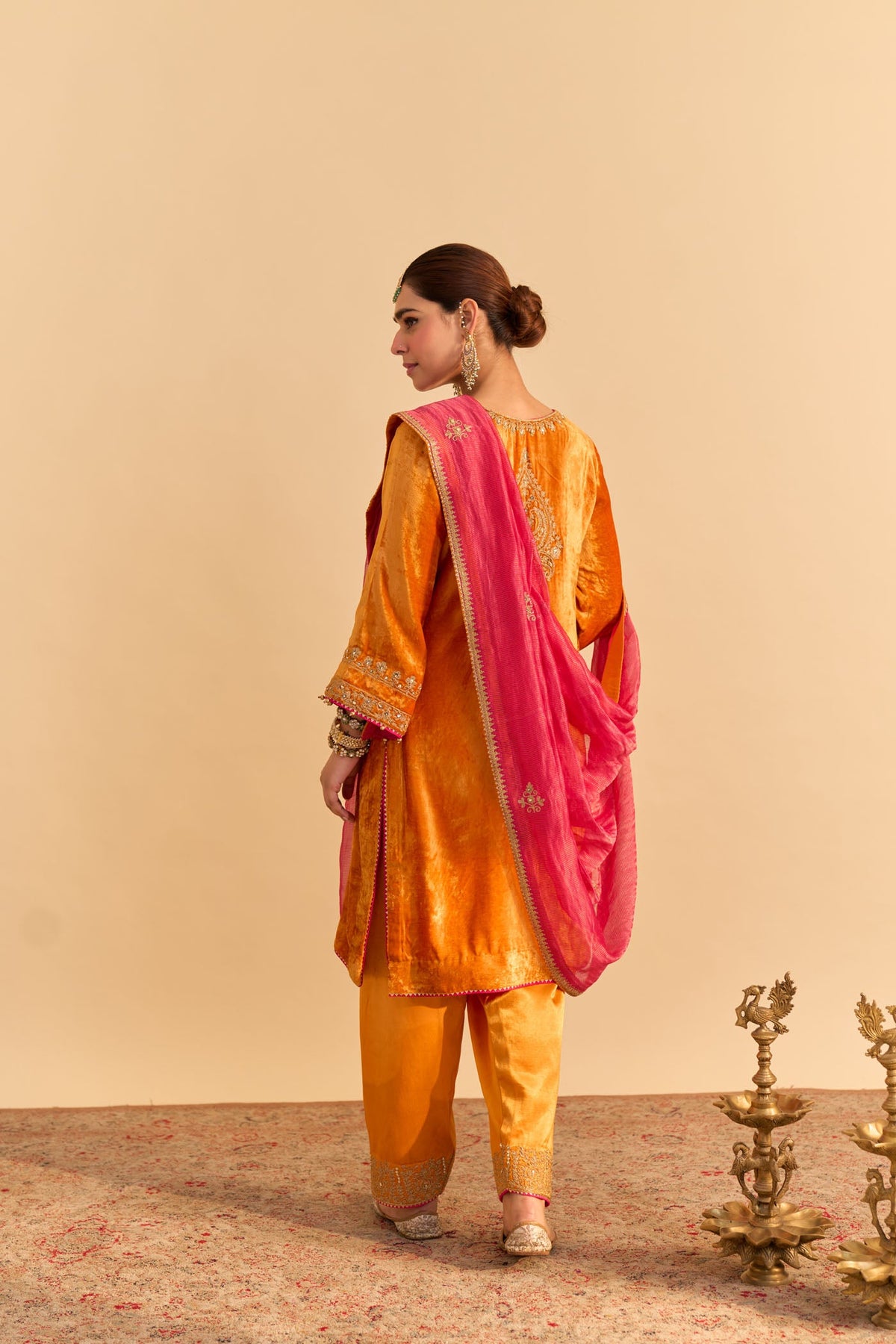 Fareeha Silk Velvet orange short kurta with salwar
