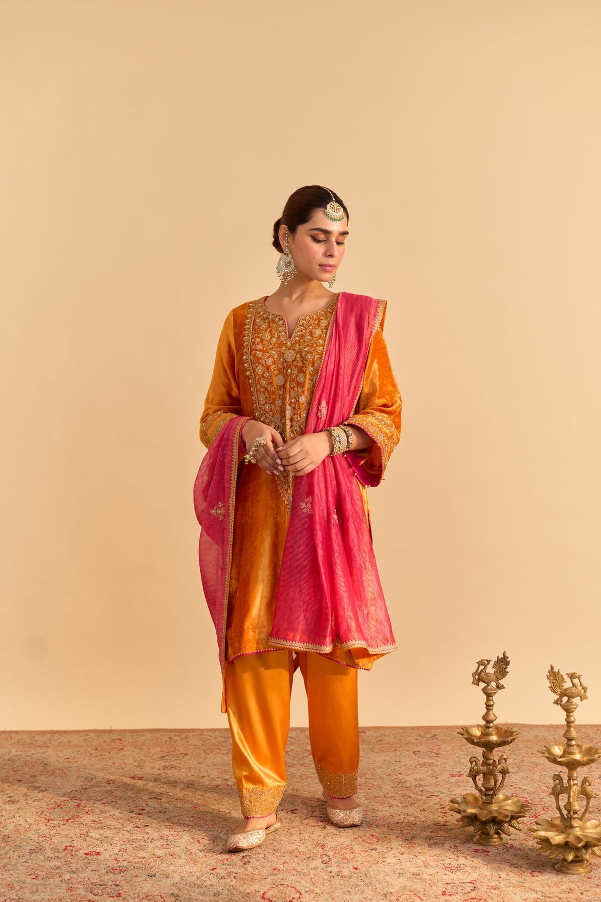 Fareeha Silk Velvet orange short kurta with salwar