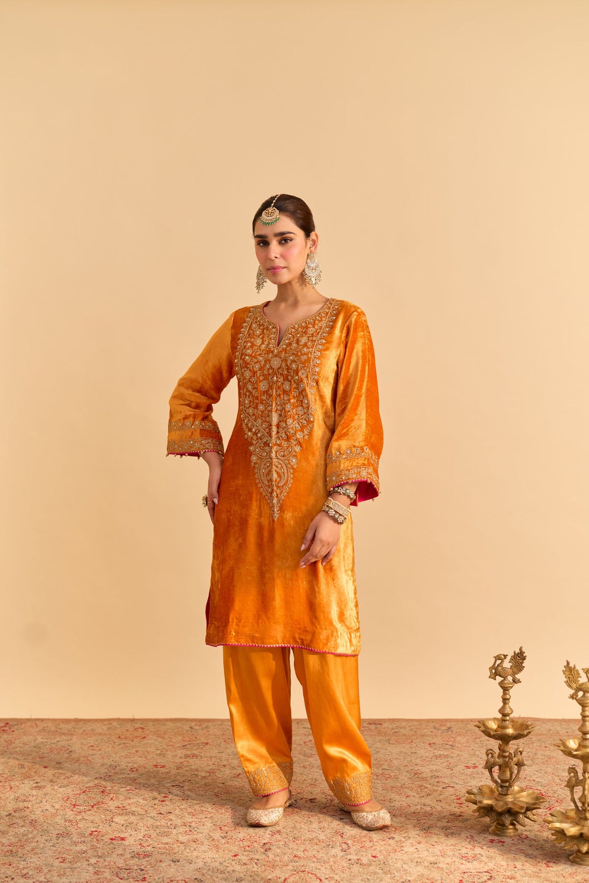 Fareeha Silk Velvet orange short kurta with salwar