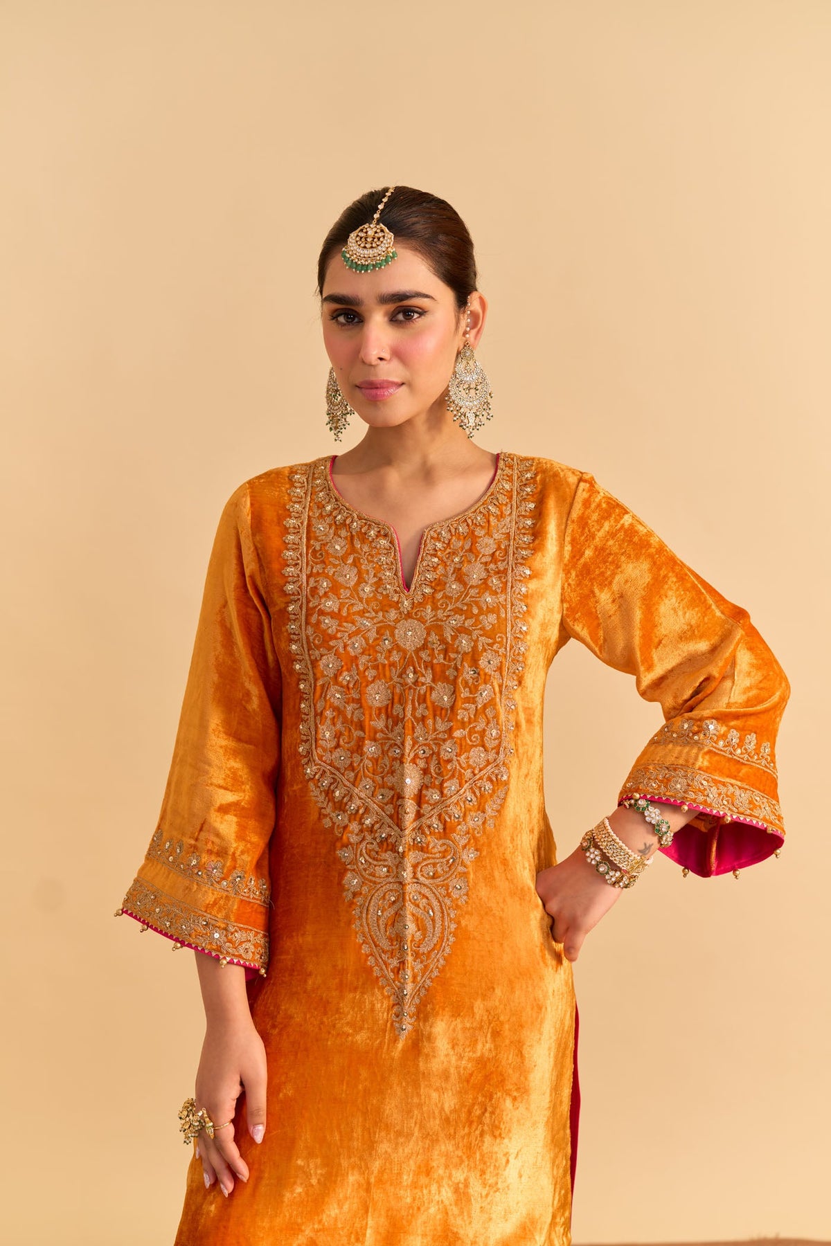 Fareeha Silk Velvet orange short kurta with salwar