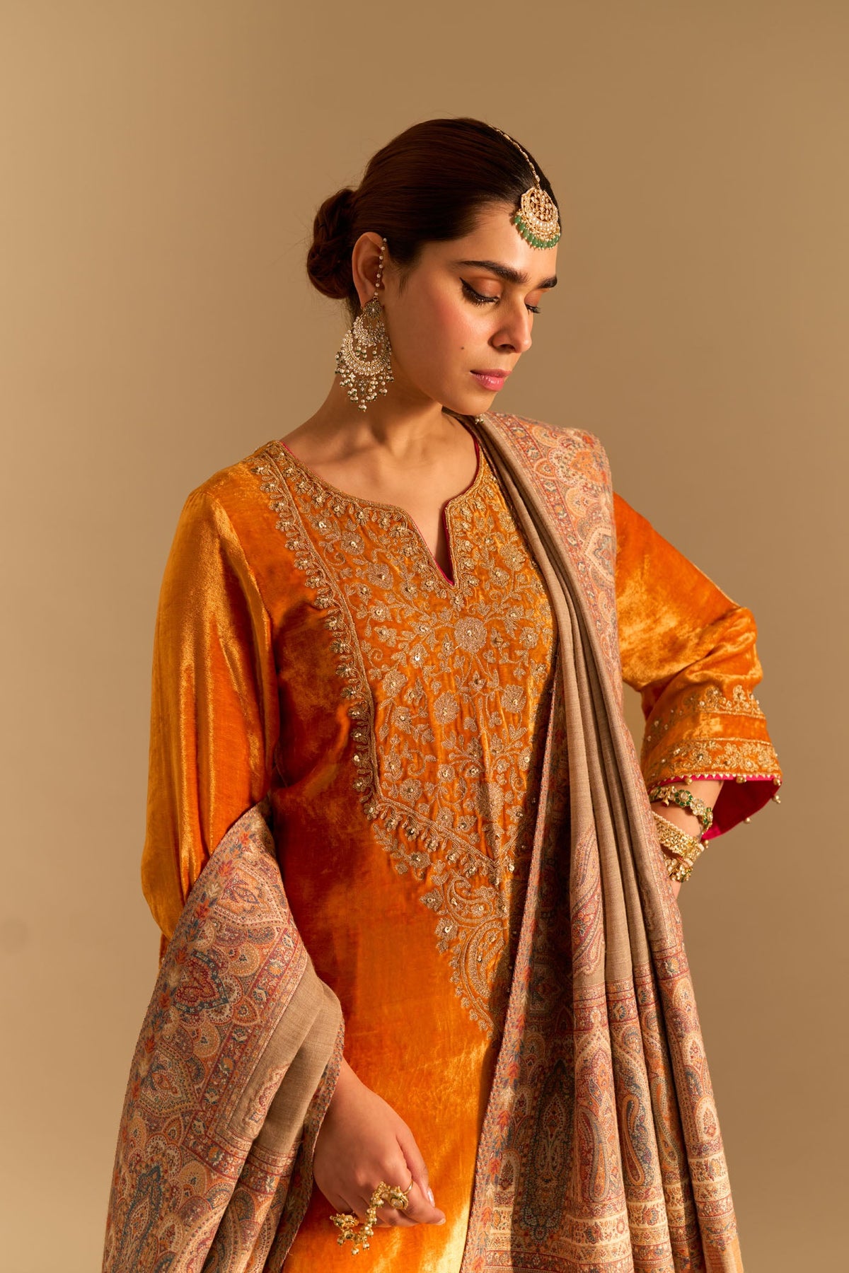 Fareeha Silk Velvet orange short kurta with salwar