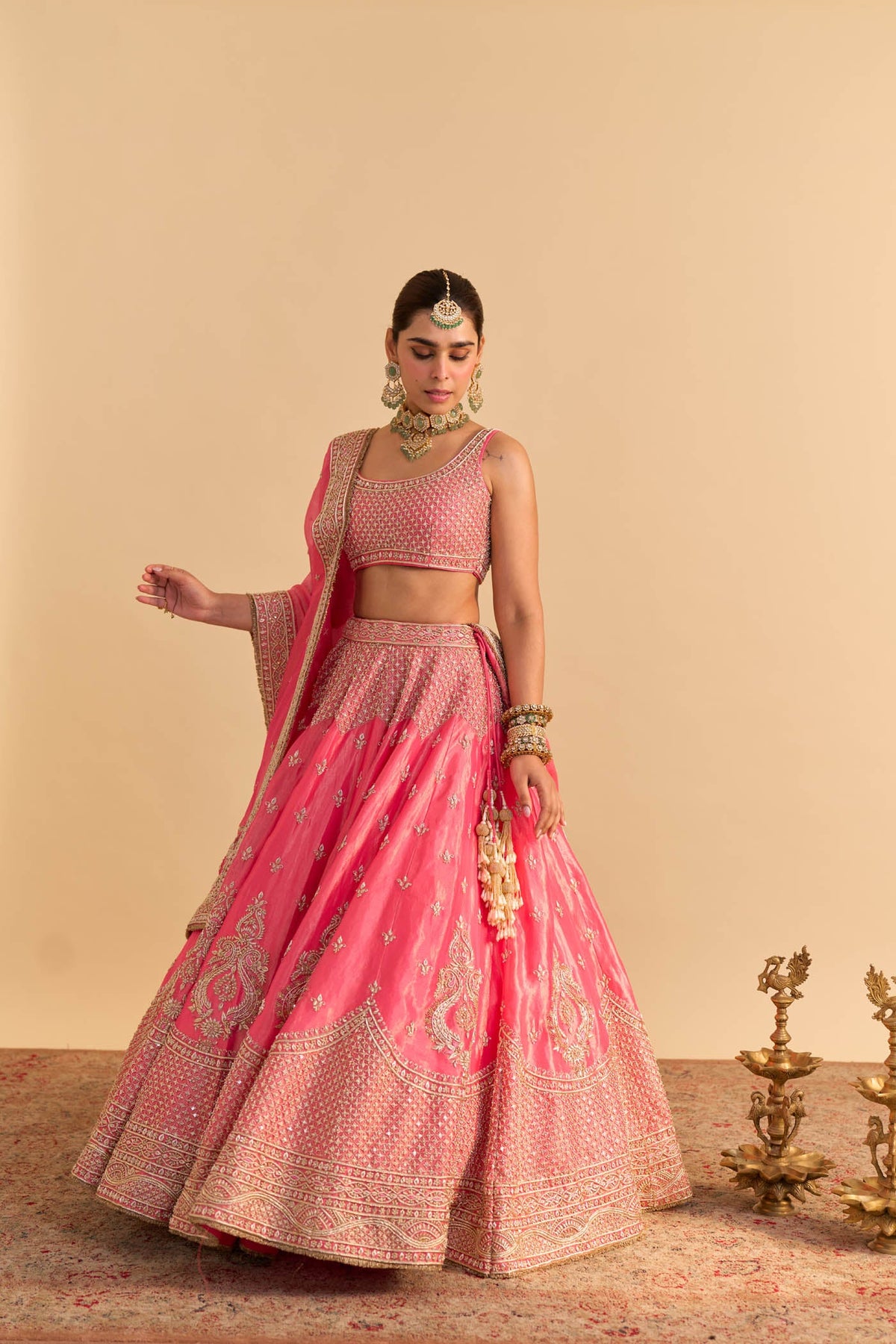 Aashina - Dabka Zardozi Embroidered Pure Tissue Carrot Pink Lehenga Set