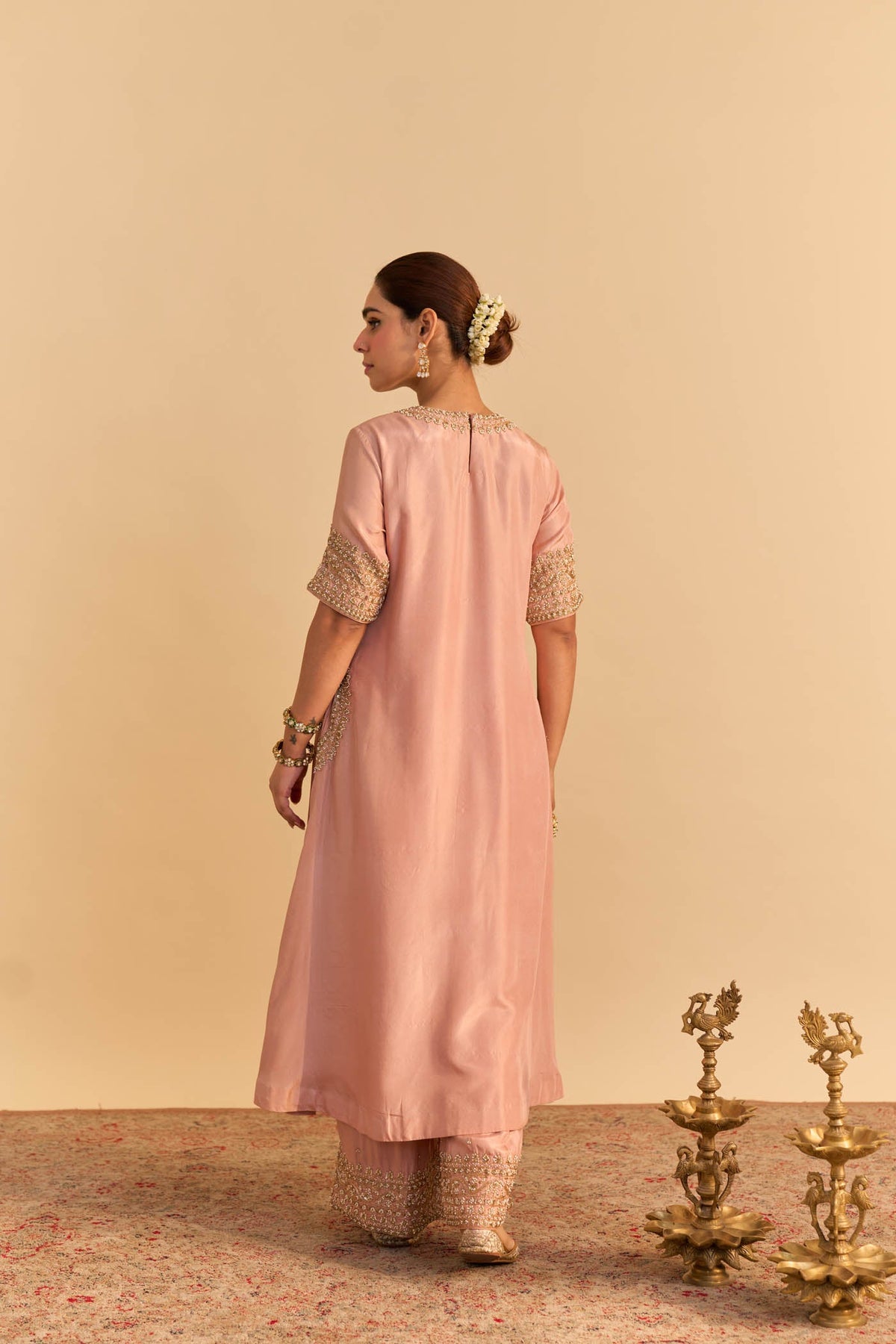 Atara Off rose Silk Dabka Zardozi Embroidered Kurta Set