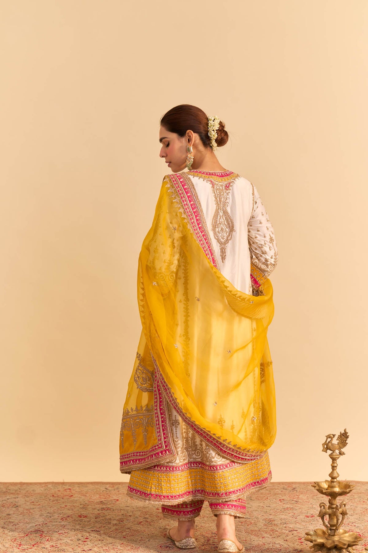 Nargis - Dabka Zardozi Embroidered Kalidaar Daisy Ivory with Heirloom Mustard Long Chauga Set (LXRTS)