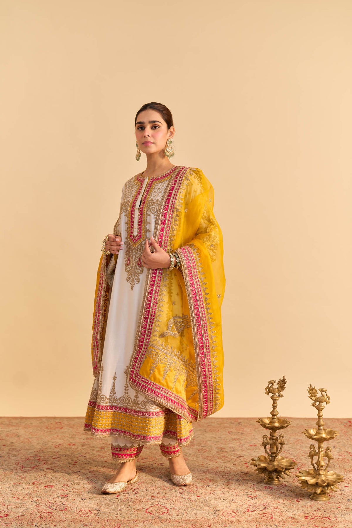Nargis - Dabka Zardozi Embroidered Kalidaar Daisy Ivory with Heirloom Mustard Long Chauga Set (LXRTS)
