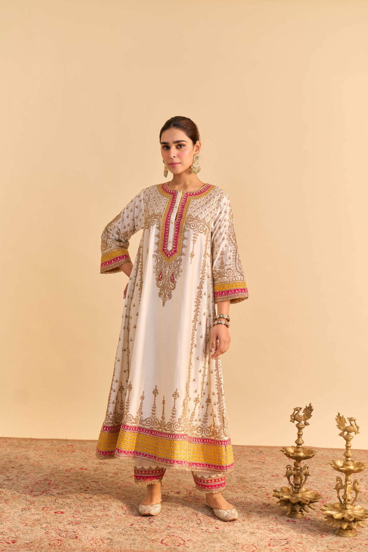 Nargis - Dabka Zardozi Embroidered Kalidaar Daisy Ivory with Heirloom Mustard Long Chauga Set (LXRTS)