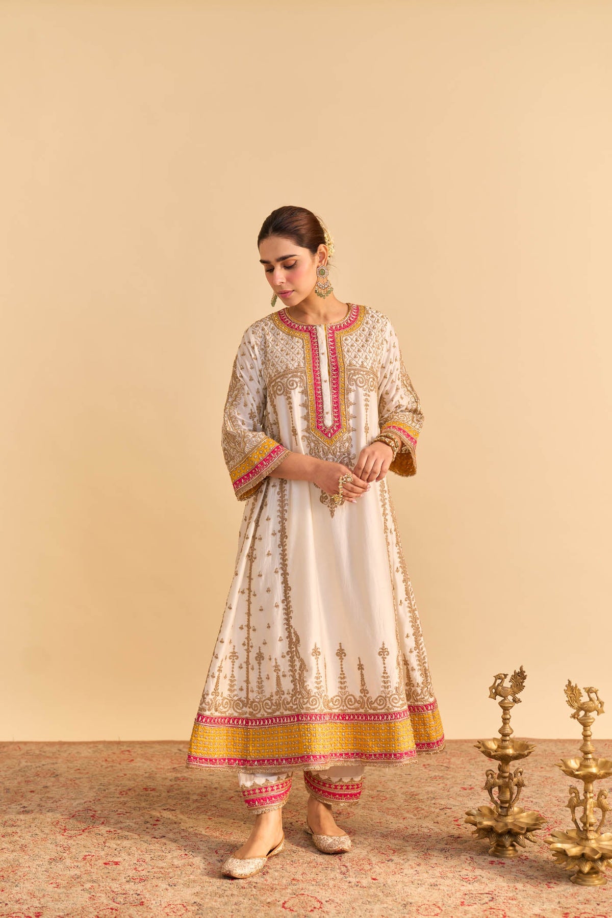 Nargis - Dabka Zardozi Embroidered Kalidaar Daisy Ivory with Heirloom Mustard Long Chauga Set