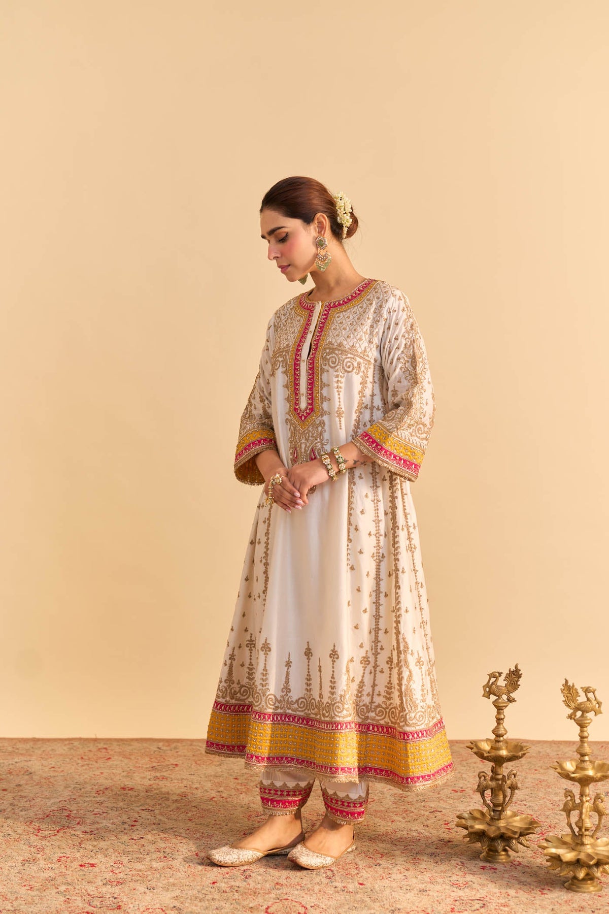 Nargis - Dabka Zardozi Embroidered Kalidaar Daisy Ivory with Heirloom Mustard Long Chauga Set (LXRTS)