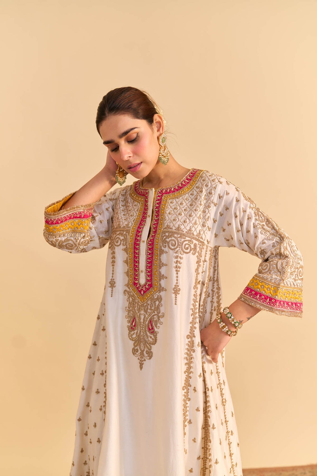 Nargis - Dabka Zardozi Embroidered Kalidaar Daisy Ivory with Heirloom Mustard Long Chauga Set (LXRTS)