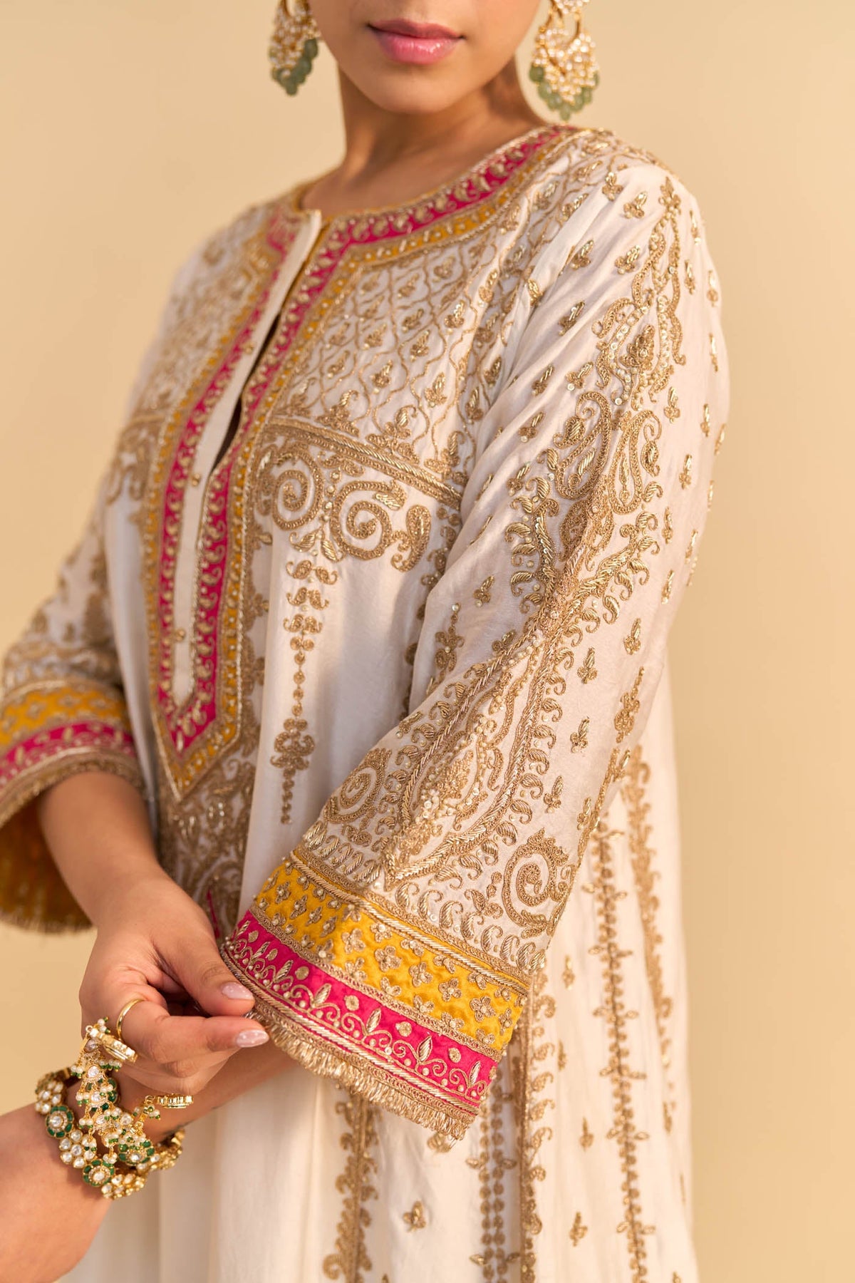 Nargis - Dabka Zardozi Embroidered Kalidaar Daisy Ivory with Heirloom Mustard Long Chauga Set (LXRTS)