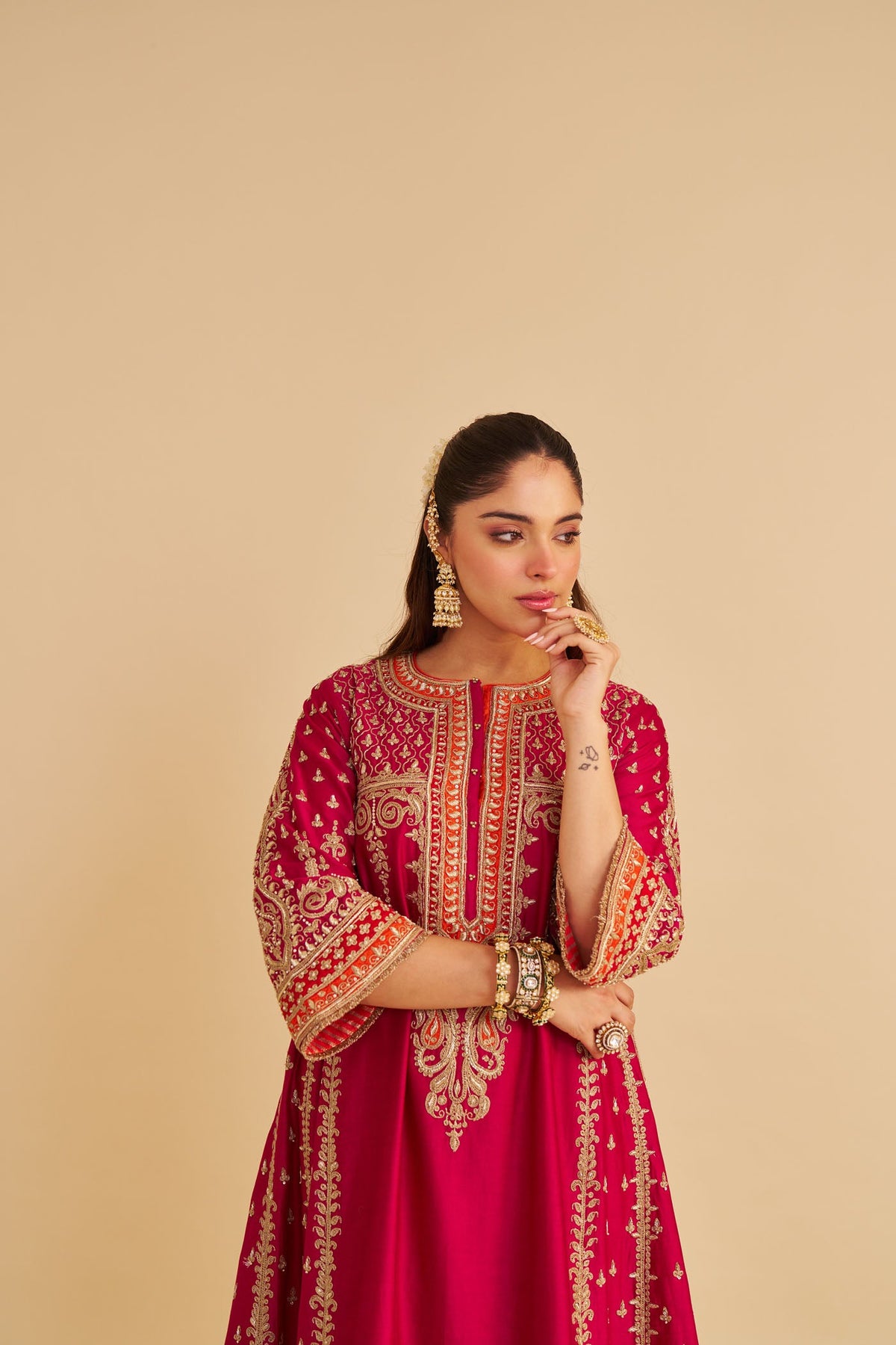Nargis - Dabka Zardozi Embroidered Rich Banarasi Kalidaar Rani Hotpink Long Chauga Set (LXRTS)