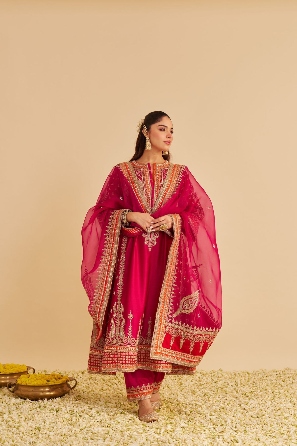 Nargis - Dabka Zardozi Embroidered Rich Banarasi Kalidaar Rani Hotpink Long Chauga Set (LXRTS)