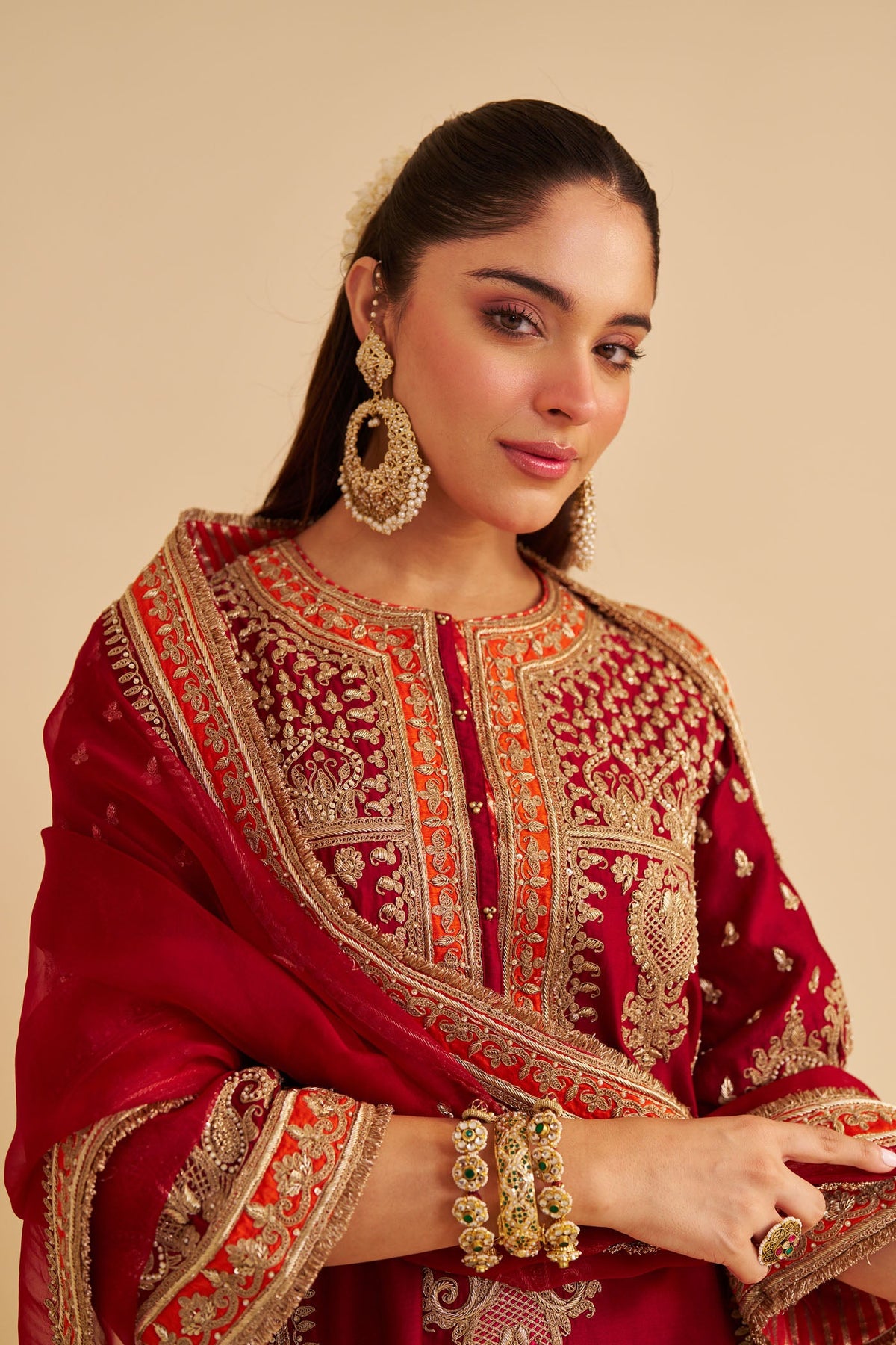 Zoya - Dabka Zardozi Embroidered Rich Banarasi Kalidaar Deep Red Long Chauga Set