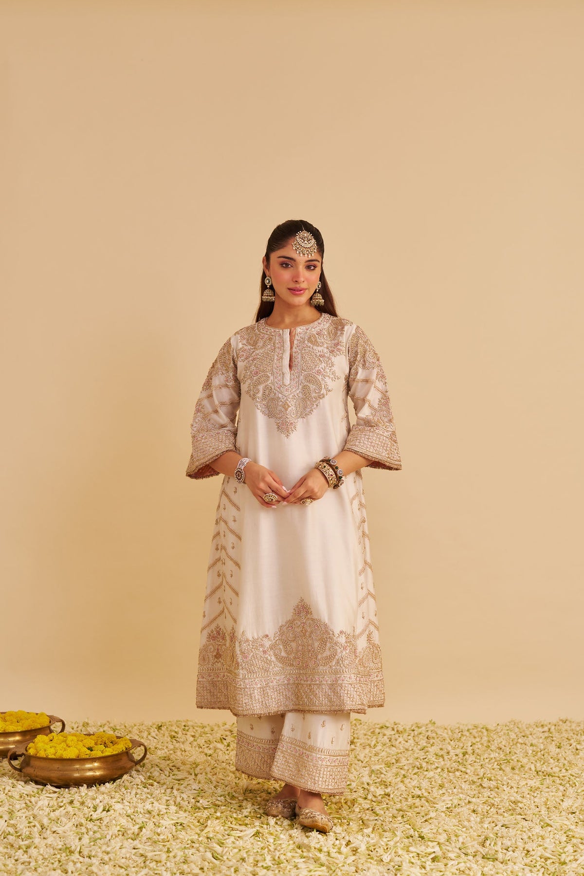 Aqsha - Dabka Zardozi Embroidered Rich Banarasi Daisy Ivory Long Chauga & Palazzo with Dupatta
