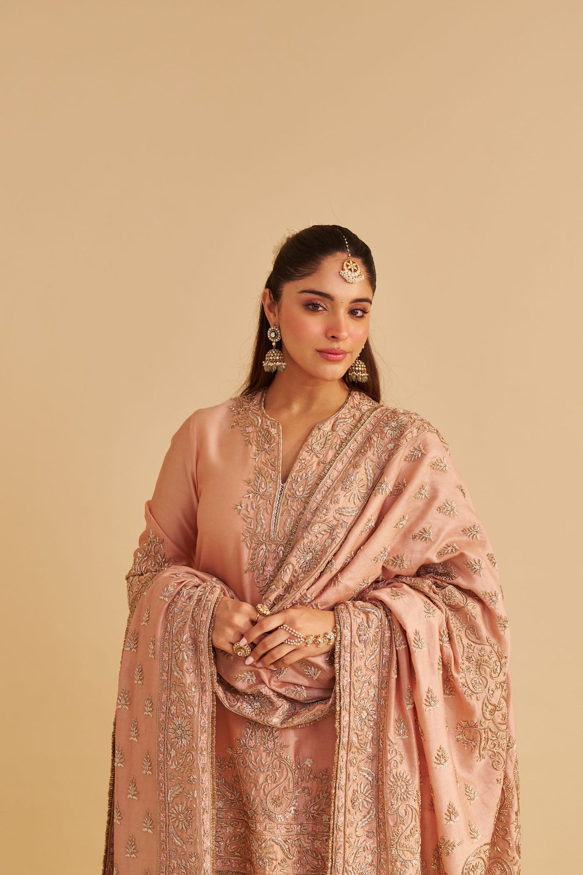 Areeba - Dabka Zardozi Embroidered Pure Banarasi Off Rose Short Kurta & Salwar with Dupatta
