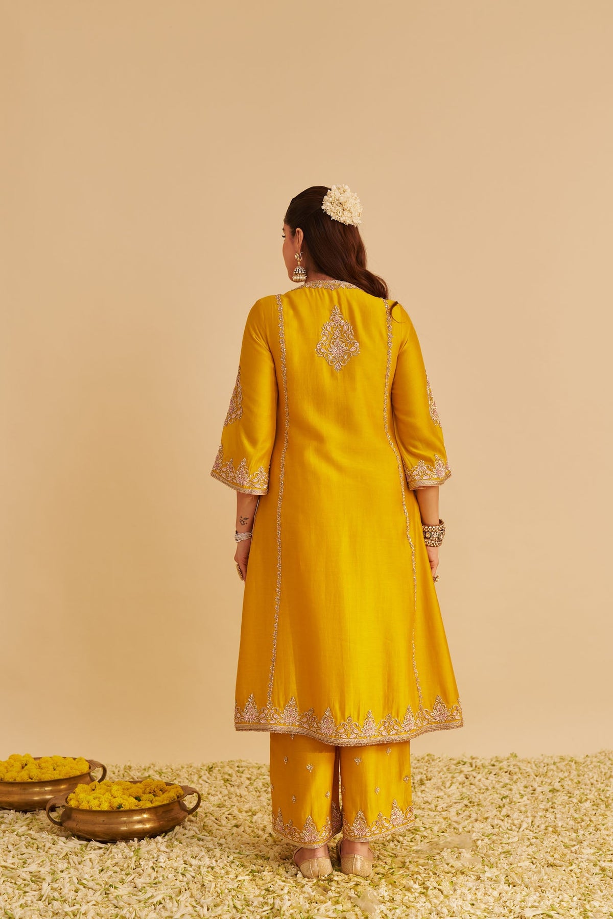 Anaiza - Dabka Zardozi Embroidered Heirloom Mustard Long Kurta & Palazzo with Dupatta