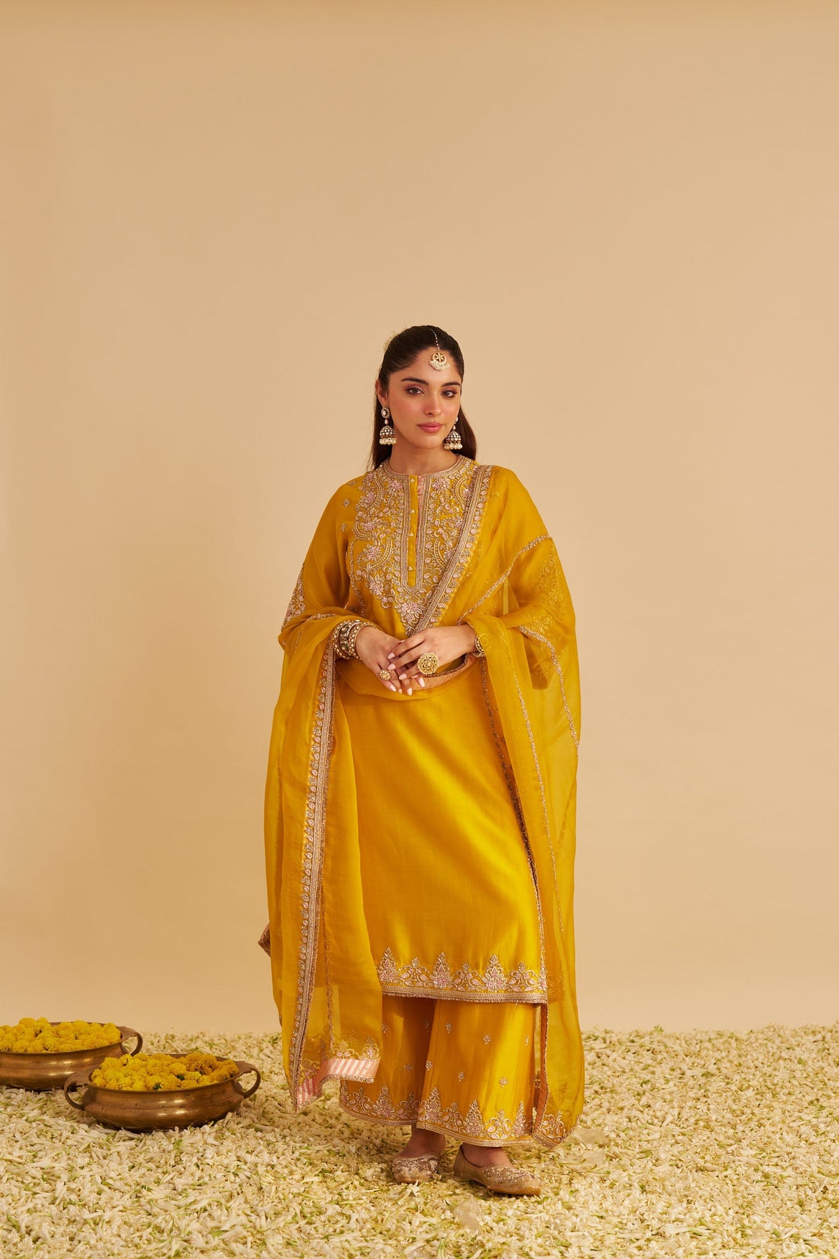 Anaiza - Dabka Zardozi Embroidered Heirloom Mustard Long Kurta & Palazzo with Dupatta