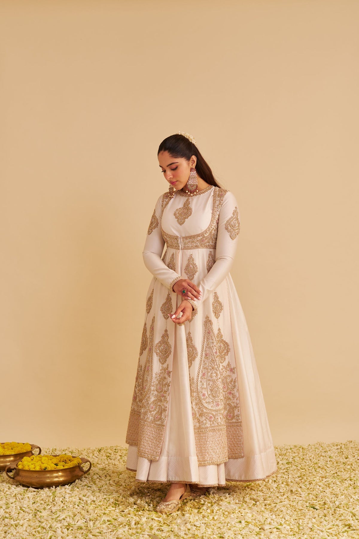 Zainah - Dabka Zardozi Embroidered Silk Daisy Ivory Anarkali Set