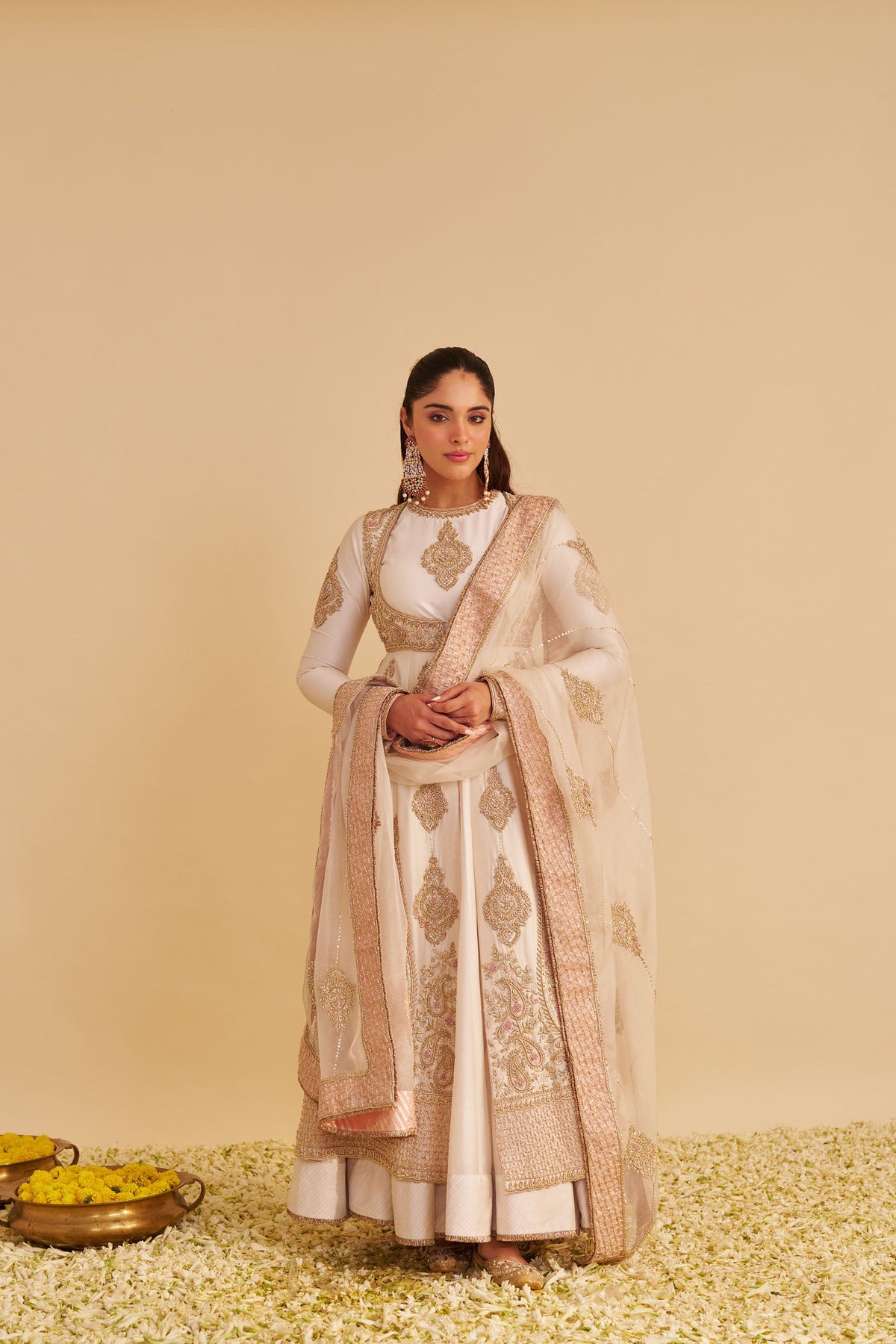 Zainah - Dabka Zardozi Embroidered Silk Daisy Ivory Anarkali Set