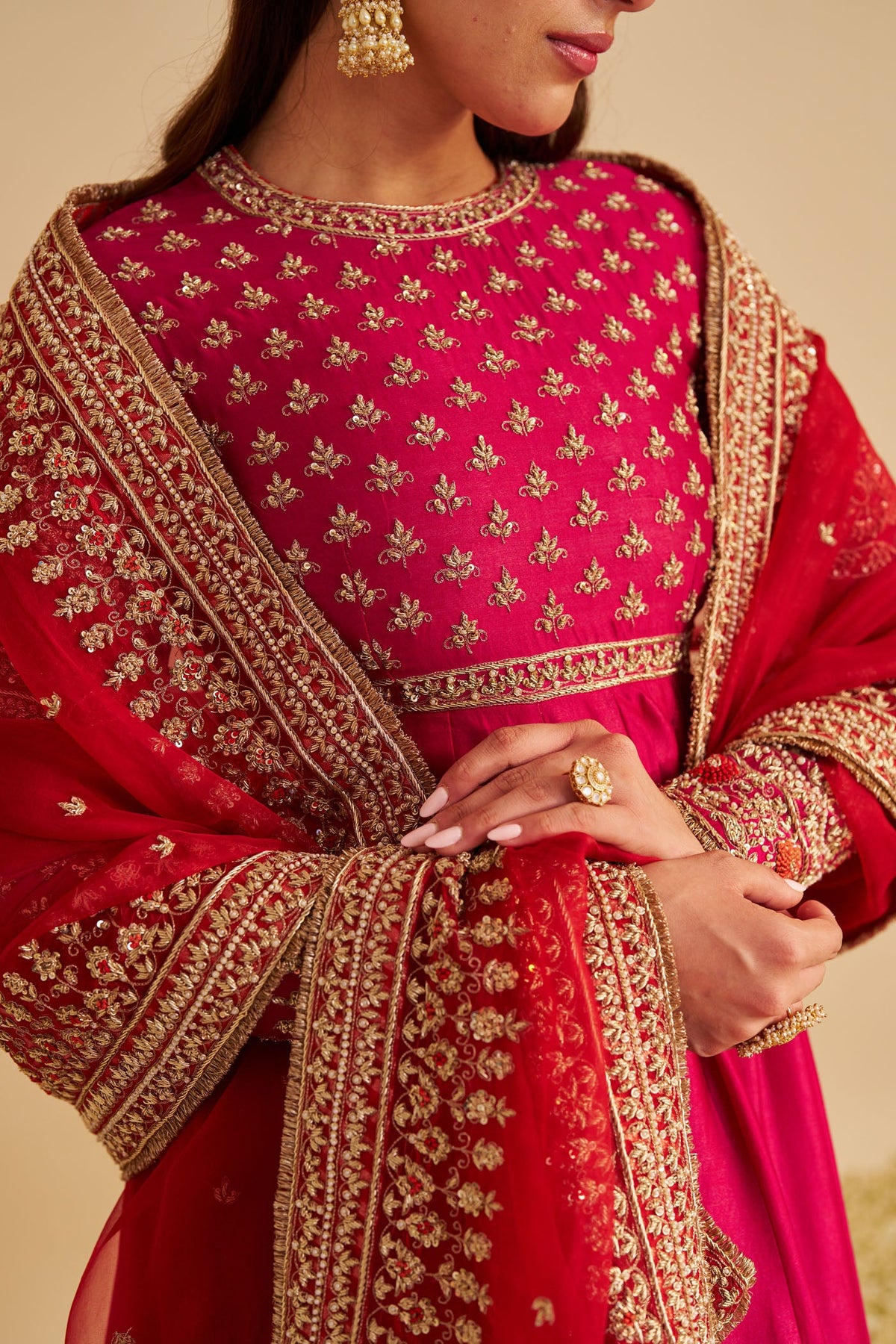 Noor - Dabka Zardozi Embroidered Chanderi Silk Rani Hotpink Anarkali Set