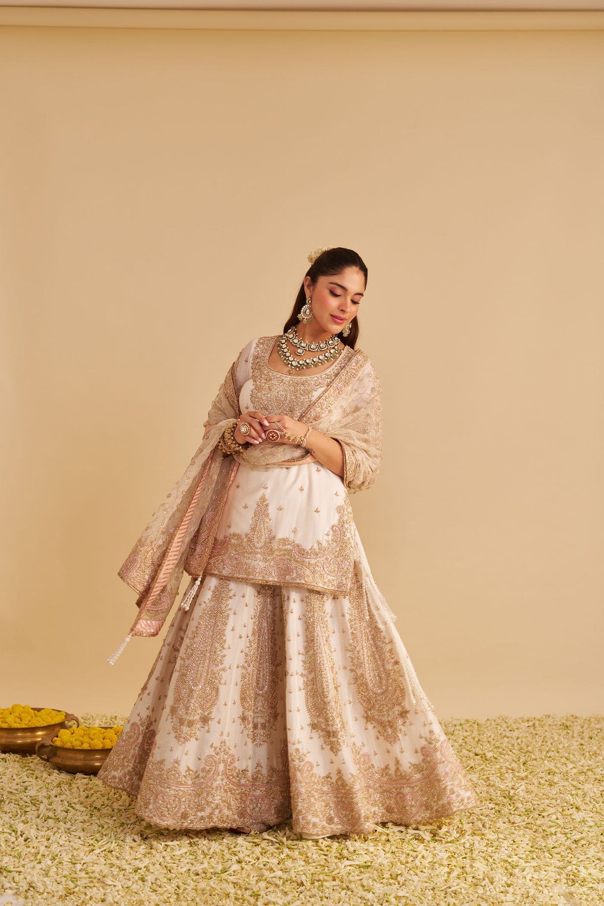Alina - Dabka Zardozi Embroidered Silk Daisy Ivory Sharara Set (LXRTS)