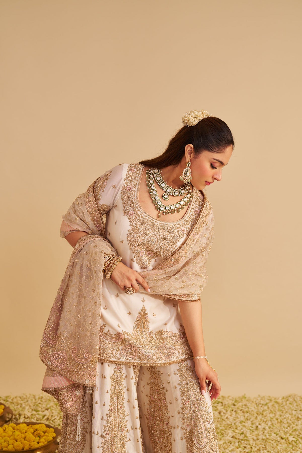 Alina - Dabka Zardozi Embroidered Silk Daisy Ivory Sharara Set (LXRTS)