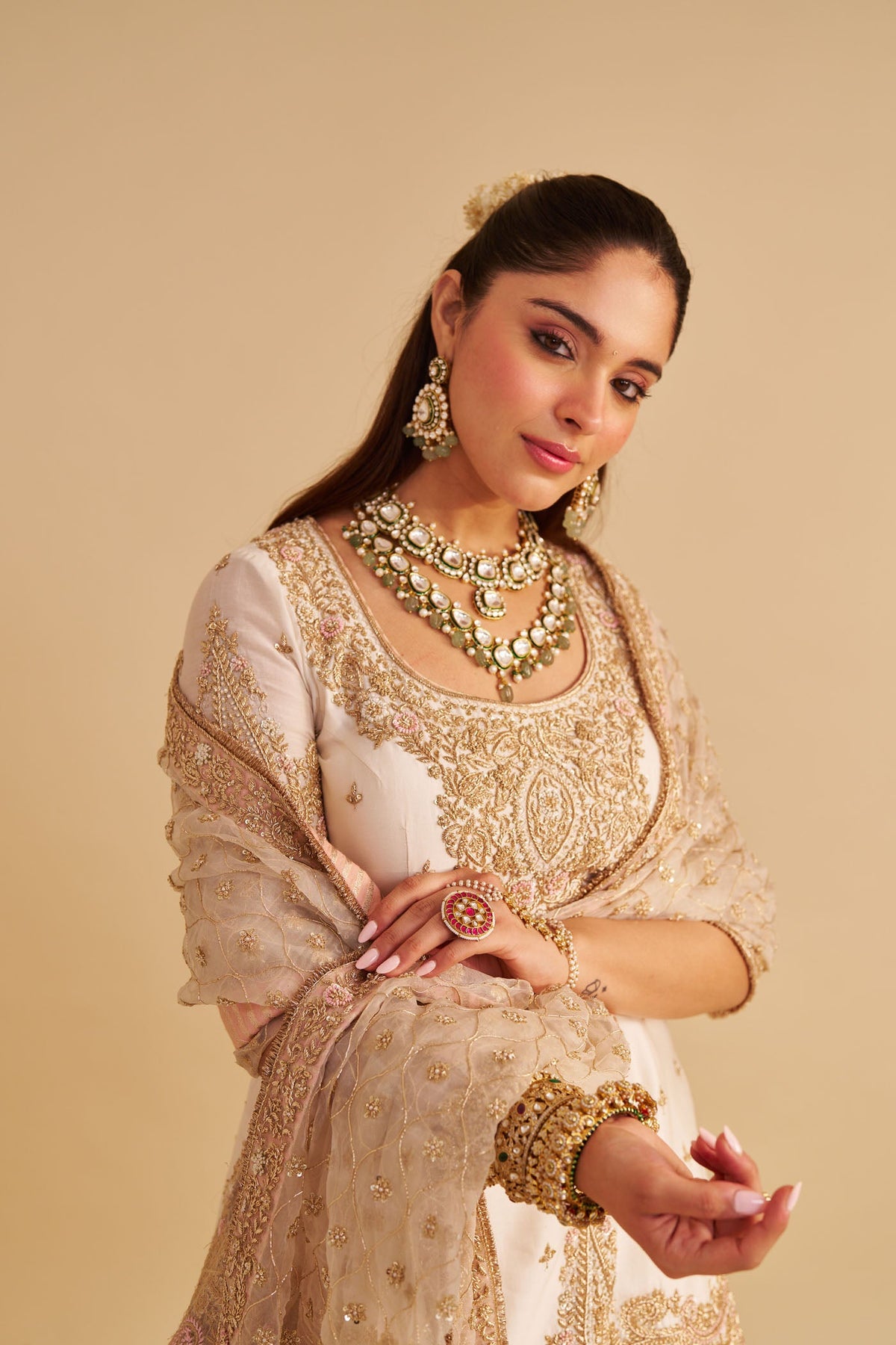 Alina - Dabka Zardozi Embroidered Silk Daisy Ivory Sharara Set (LXRTS)