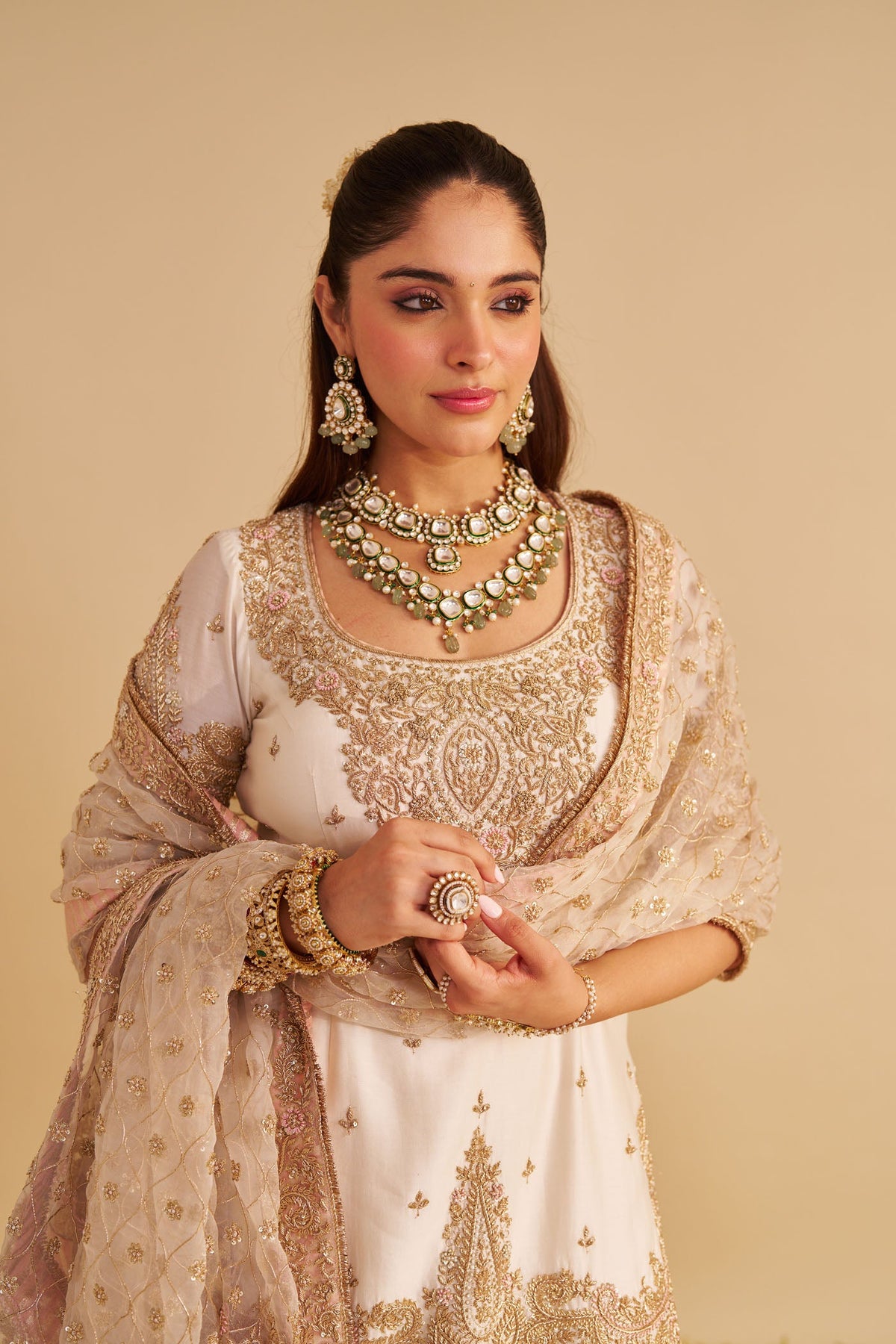 Alina - Dabka Zardozi Embroidered Silk Daisy Ivory Sharara Set (LXRTS)