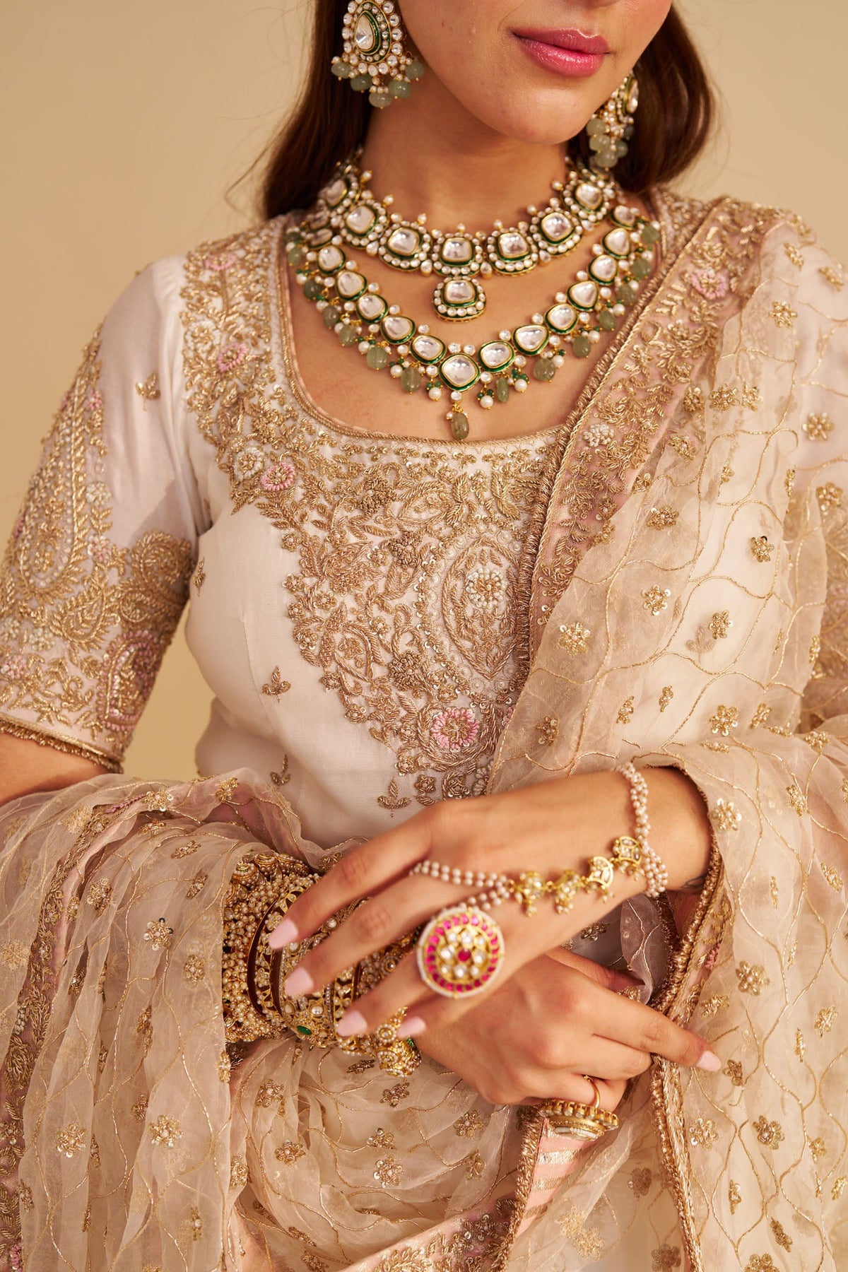 Alina - Dabka Zardozi Embroidered Silk Daisy Ivory Sharara Set (LXRTS)