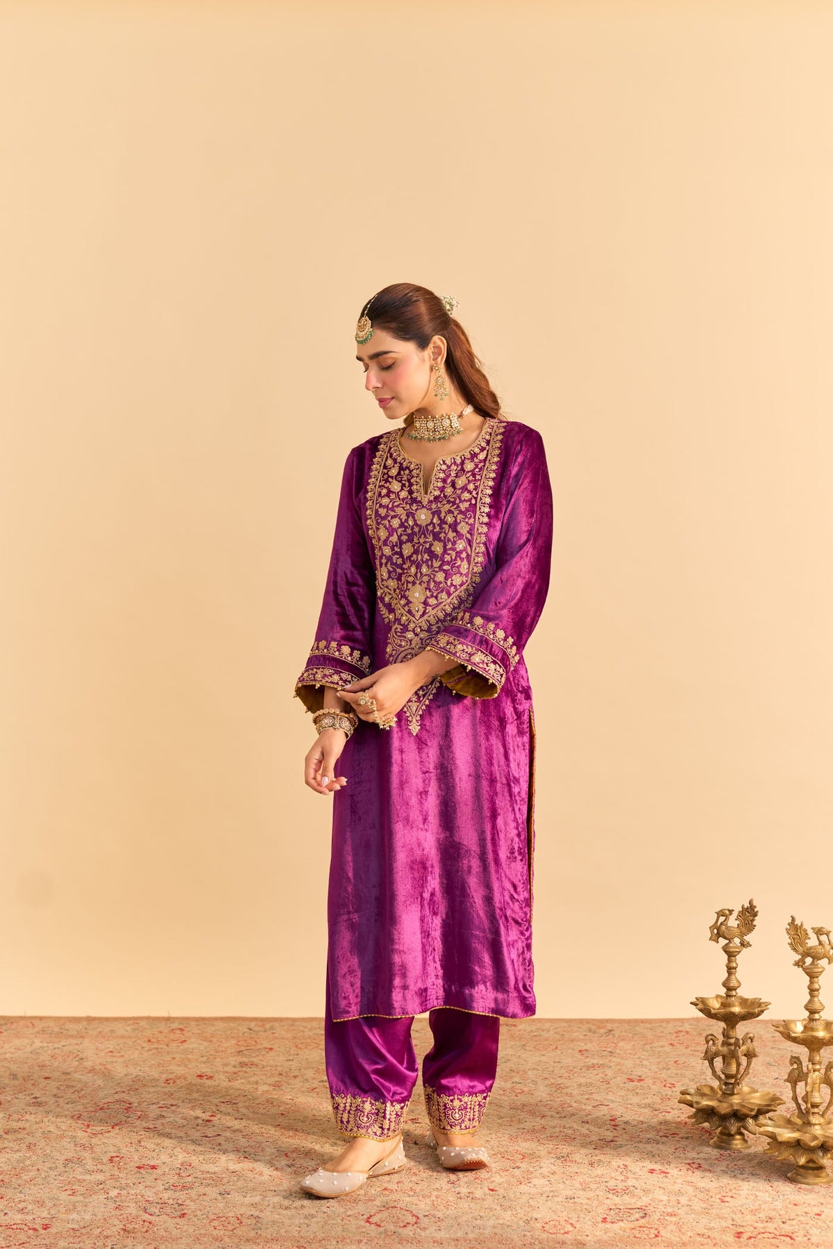 Fareeha Silk Velvet purple Long Kurta with salwar